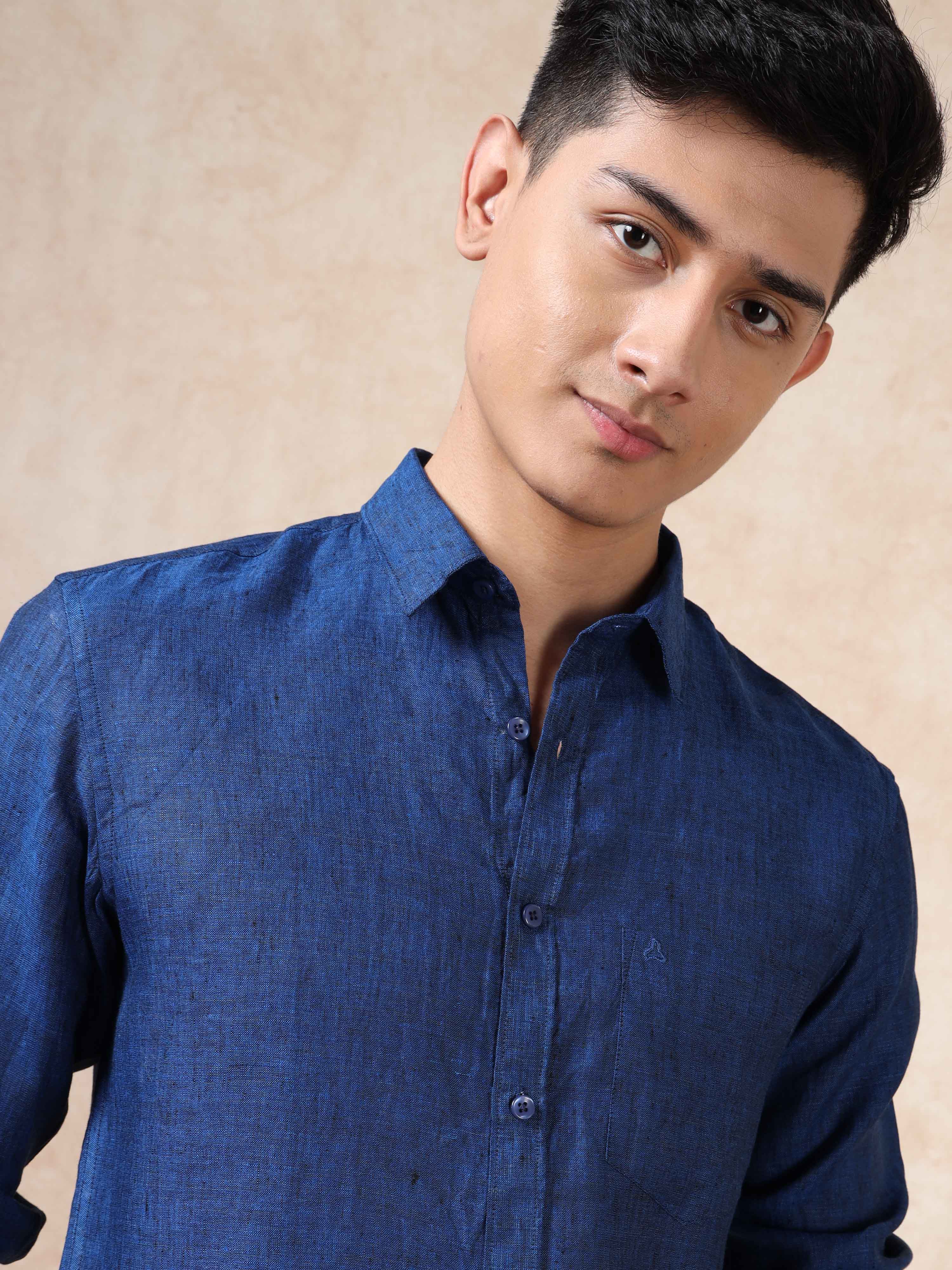 MEN'S DK.BLUE SOLID SLIM FIT LINEN SHIRT
