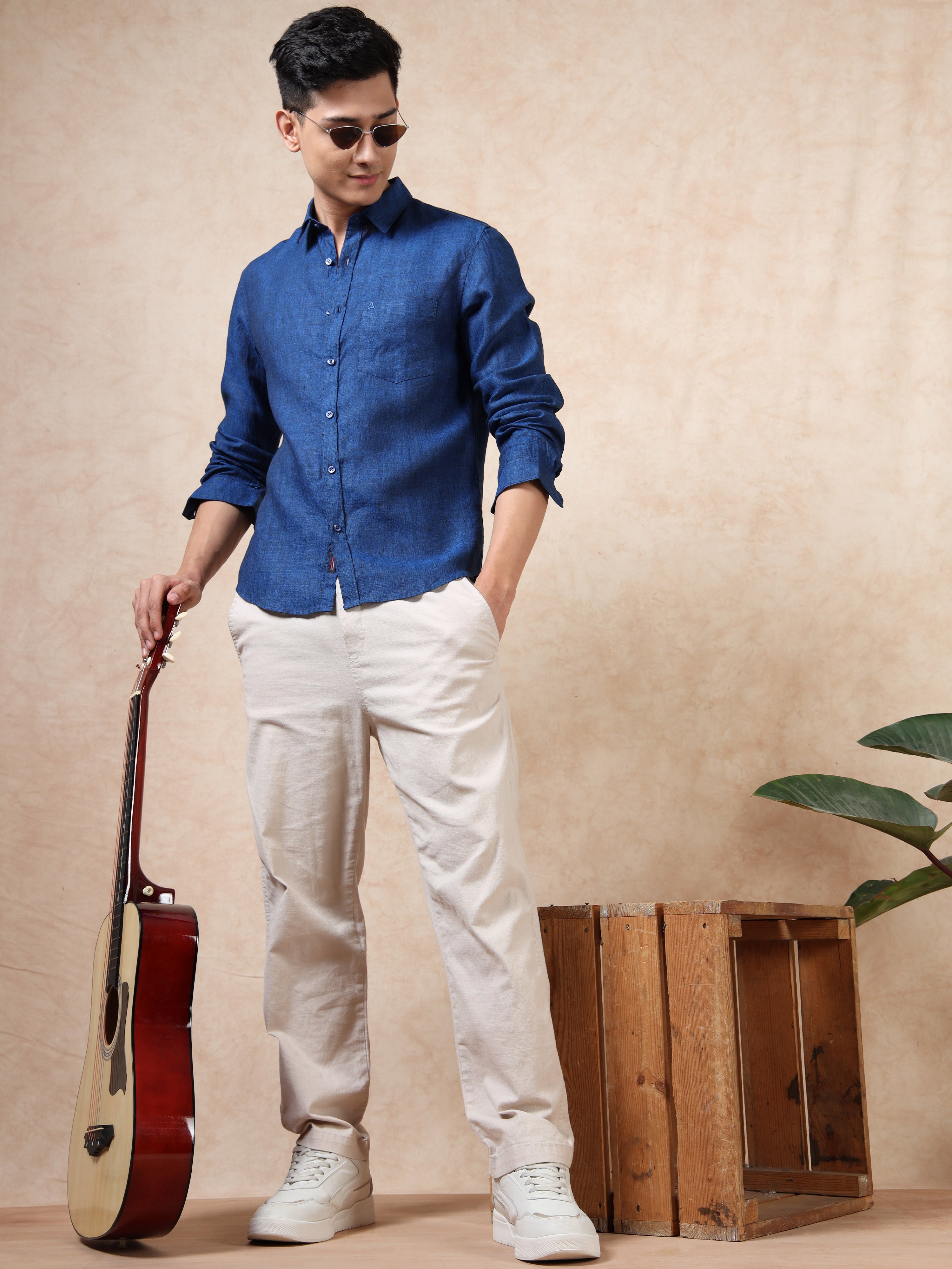 MEN'S DK.BLUE SOLID SLIM FIT LINEN SHIRT