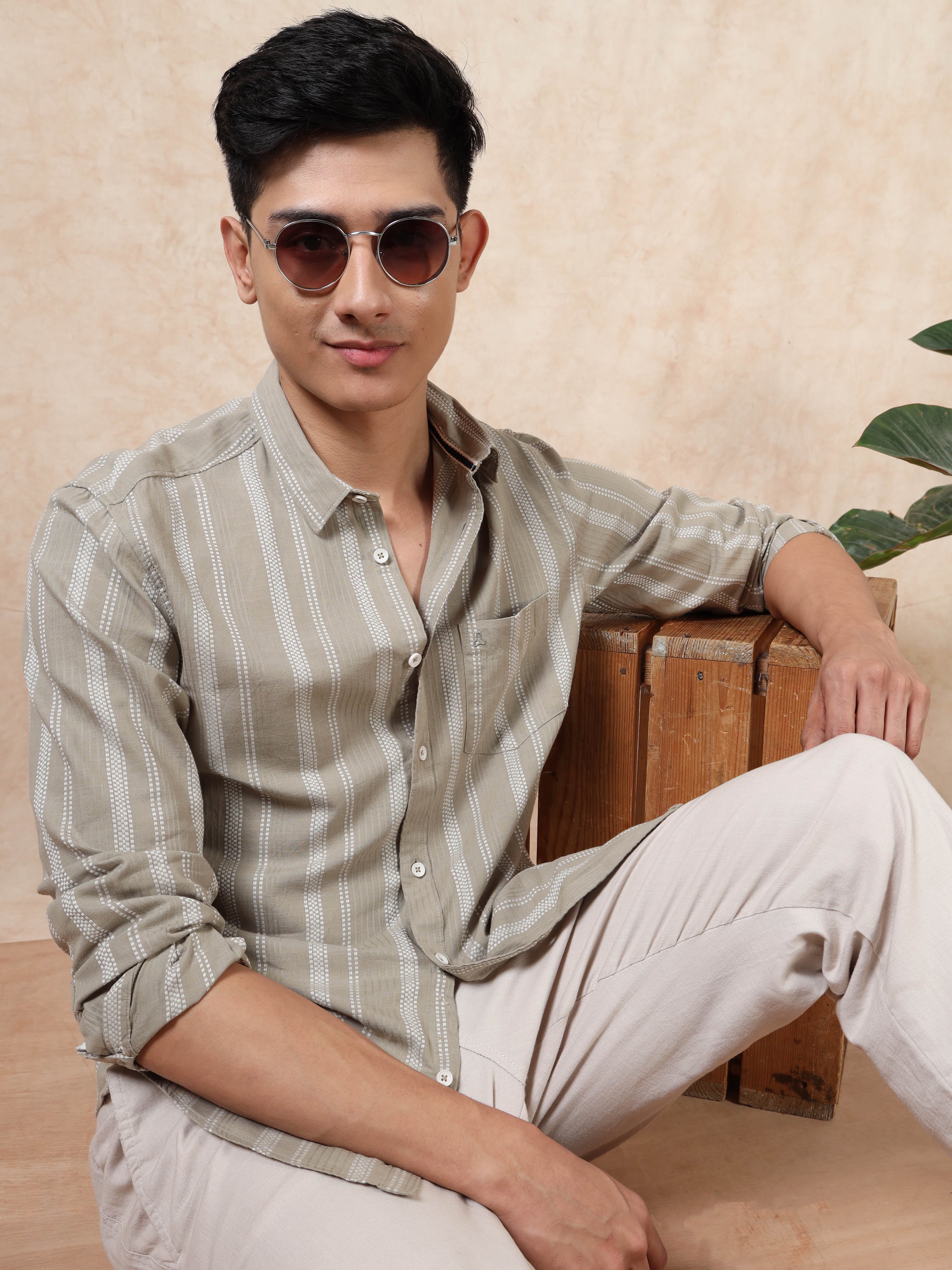 MEN'S BEIGE STRIPE SLIM FIT SHIRT