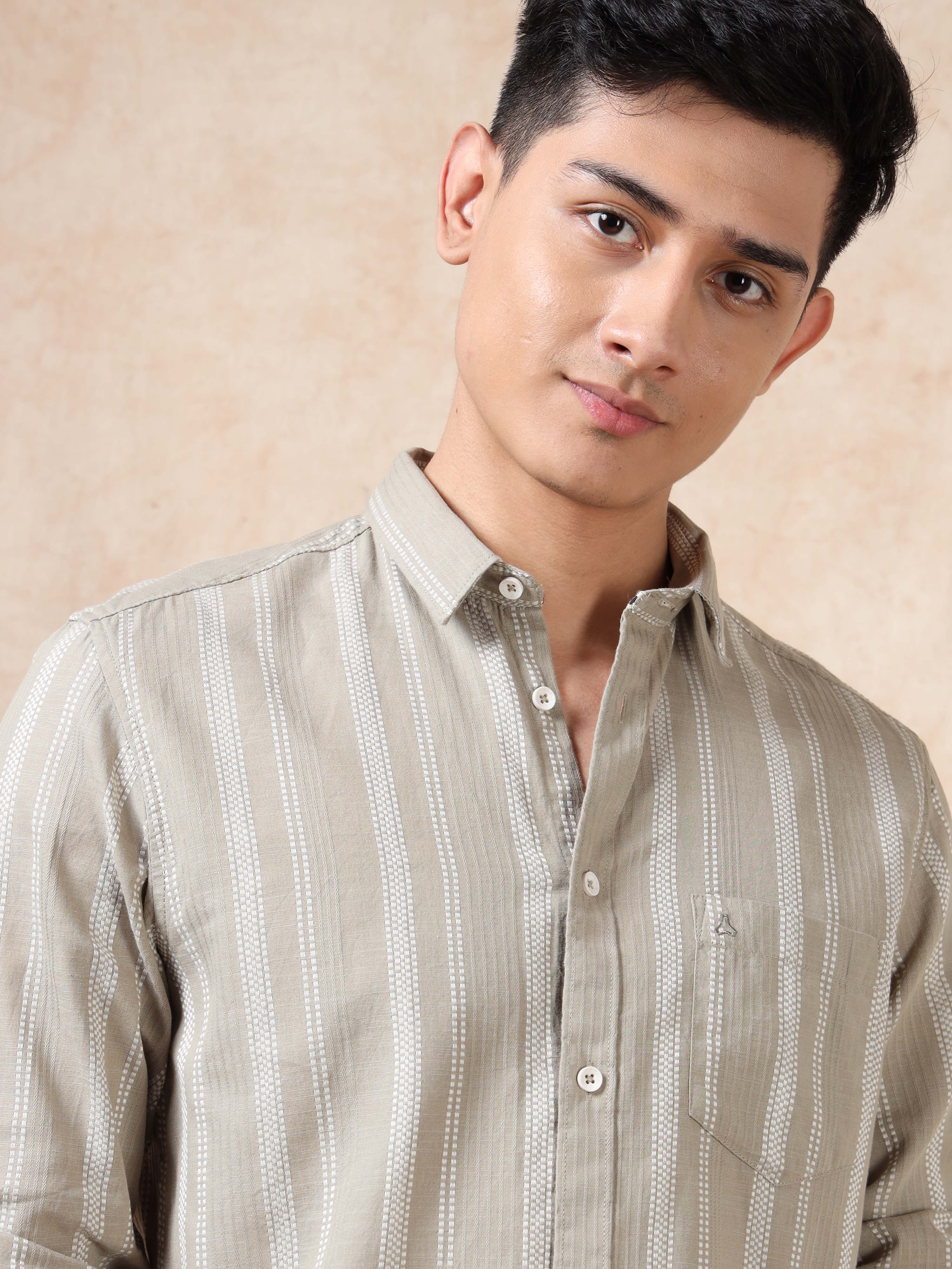 MEN'S BEIGE STRIPE SLIM FIT SHIRT