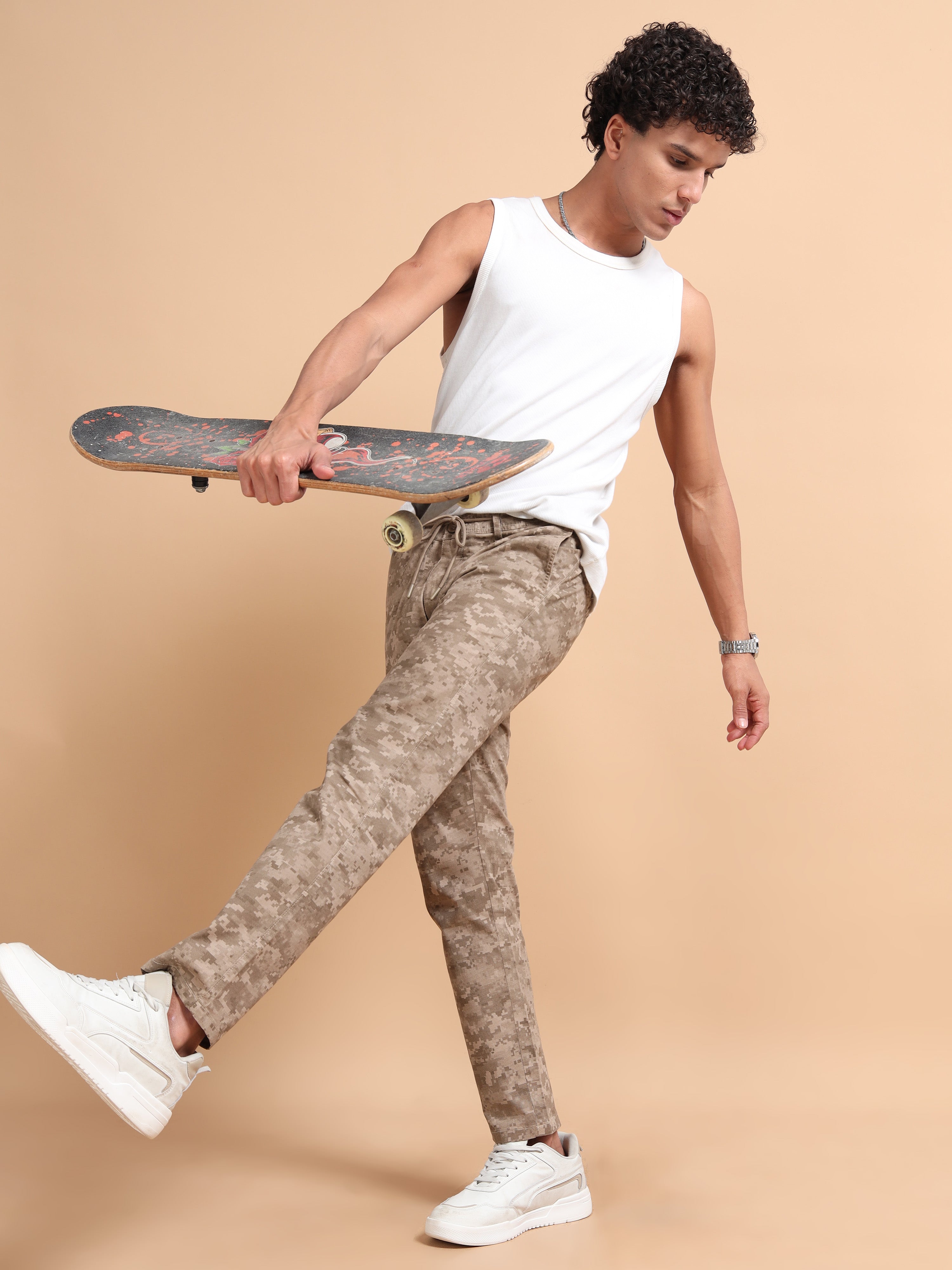 MEN'S KHAKI PRINT REGULAR FIT TROUSER