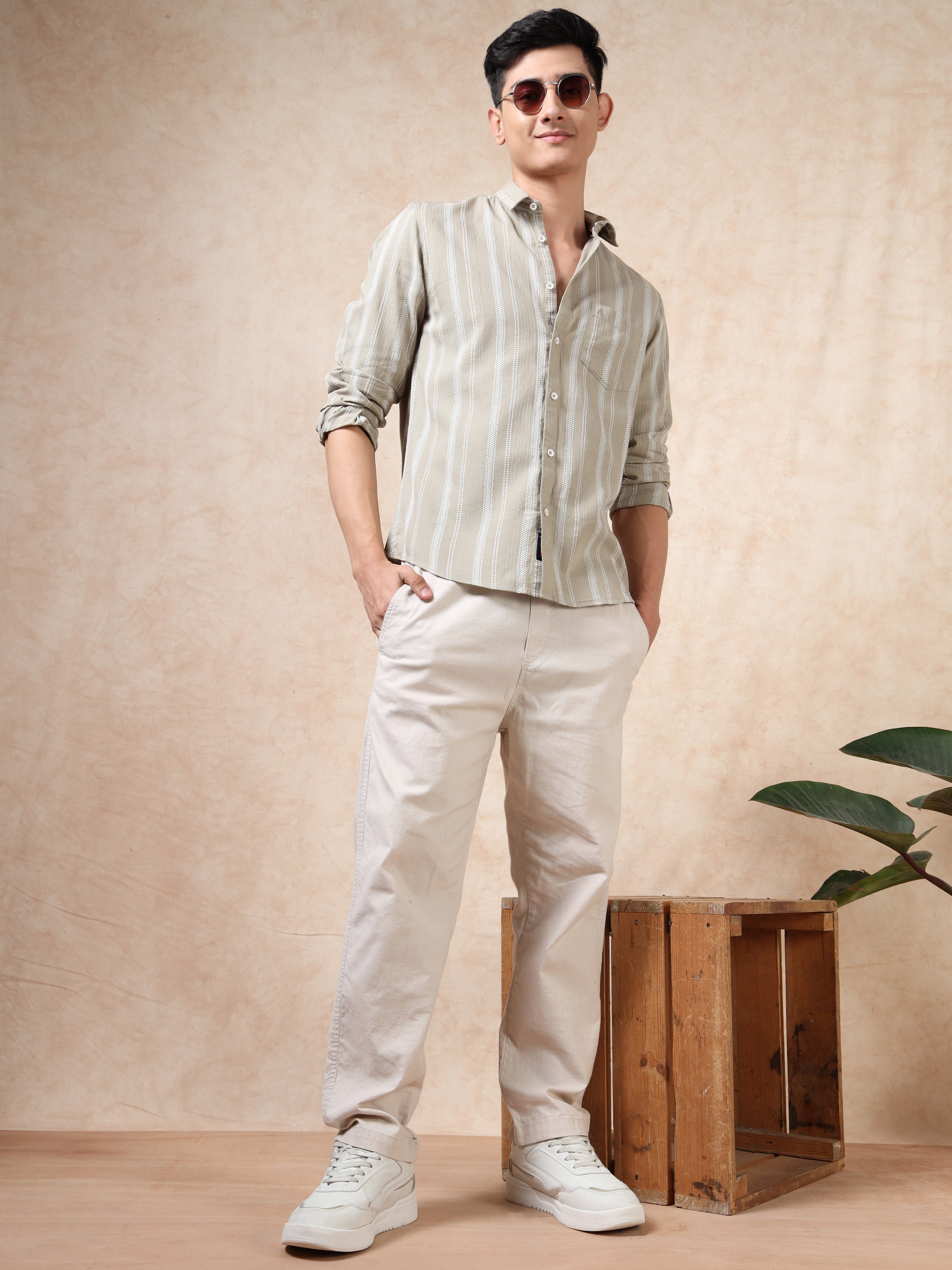 MEN'S BEIGE STRIPE SLIM FIT SHIRT