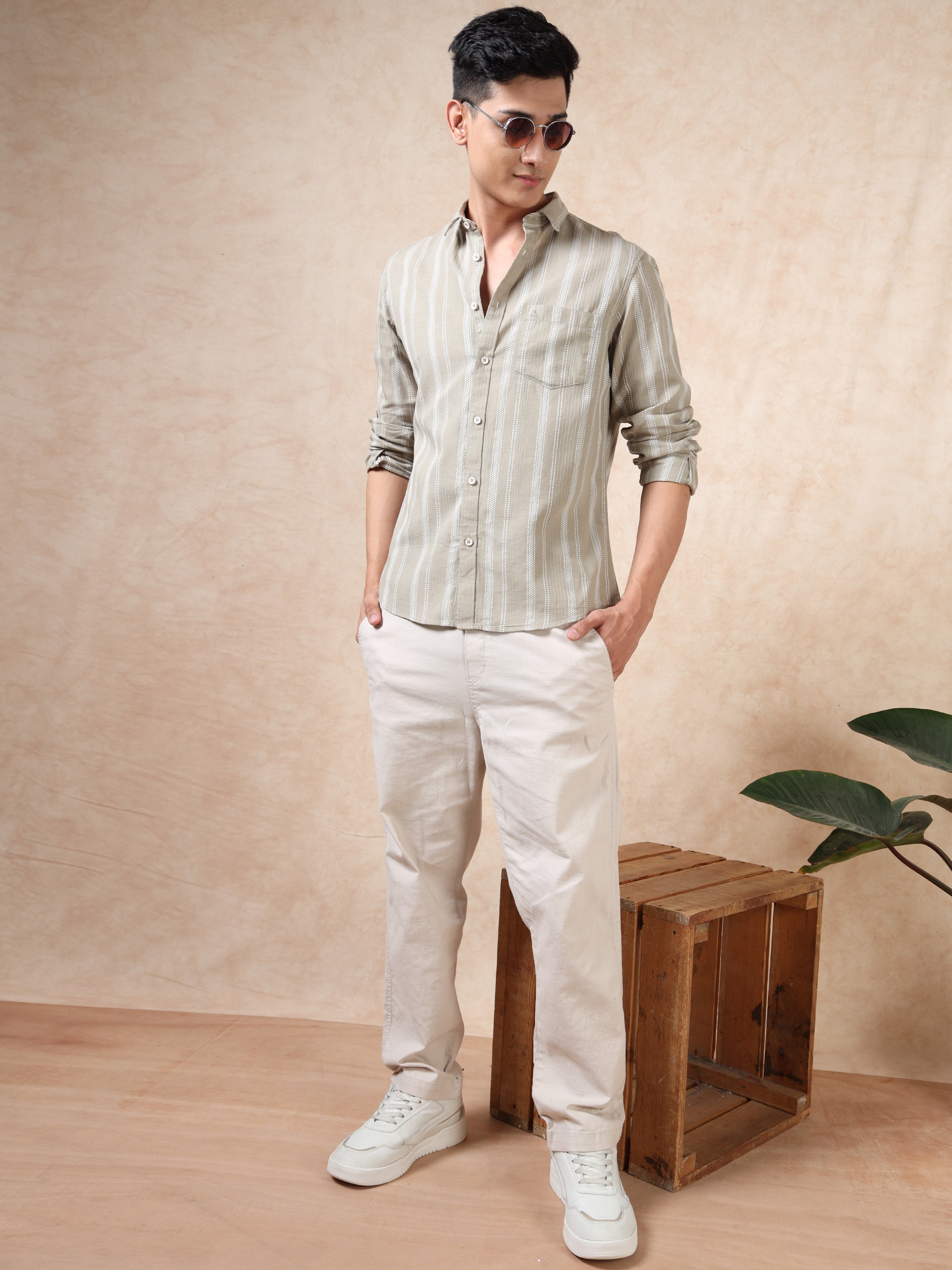 MEN'S BEIGE STRIPE SLIM FIT SHIRT