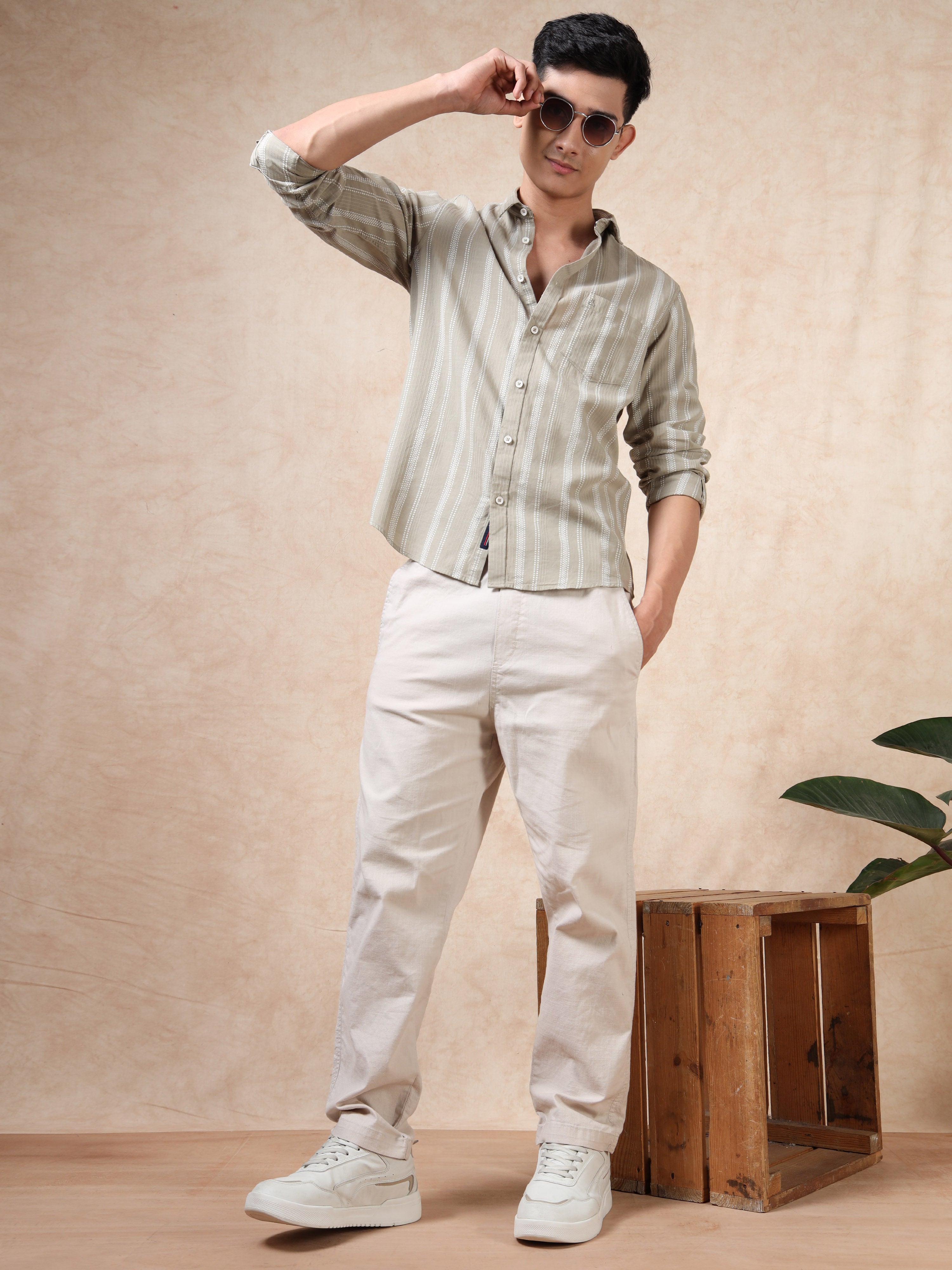 MEN'S BEIGE STRIPE SLIM FIT SHIRT