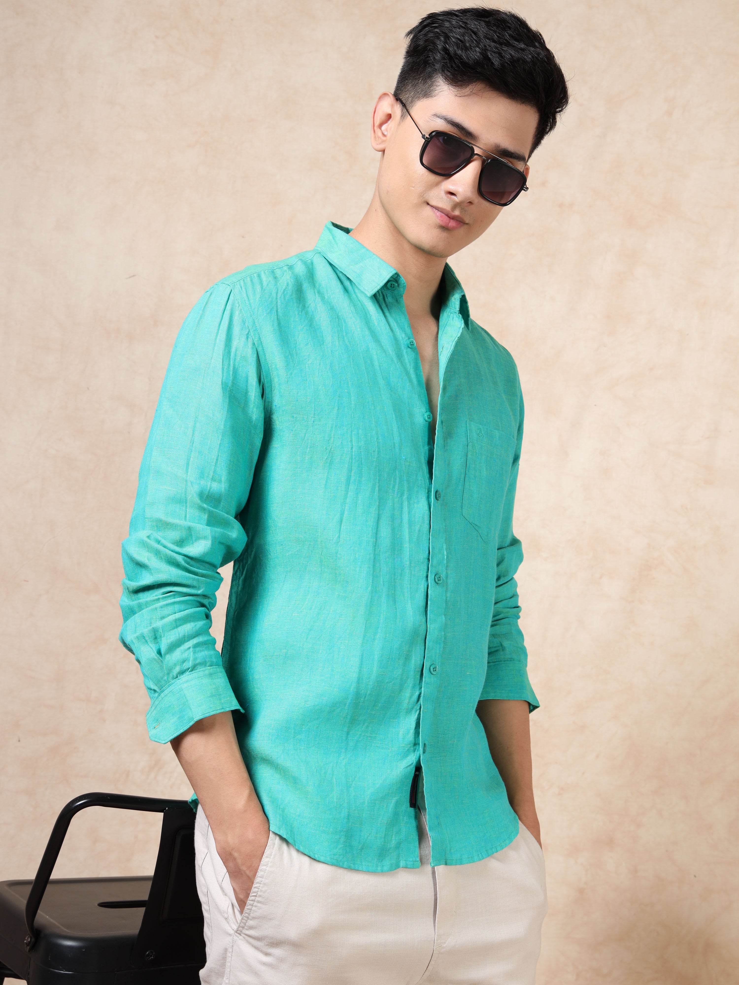 MEN'S GREEN SOLID SLIM FIT LINEN SHIRT