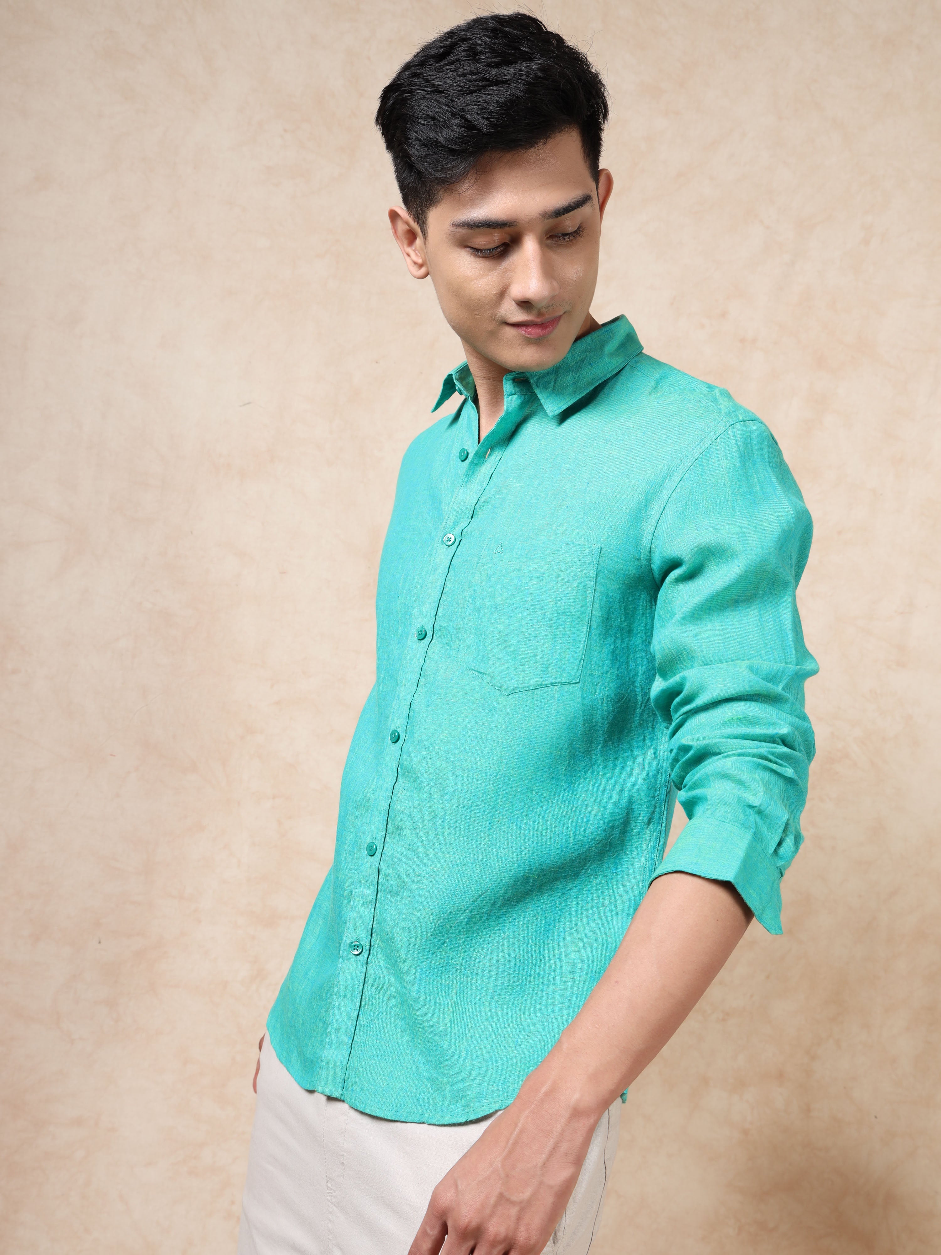 MEN'S GREEN SOLID SLIM FIT LINEN SHIRT