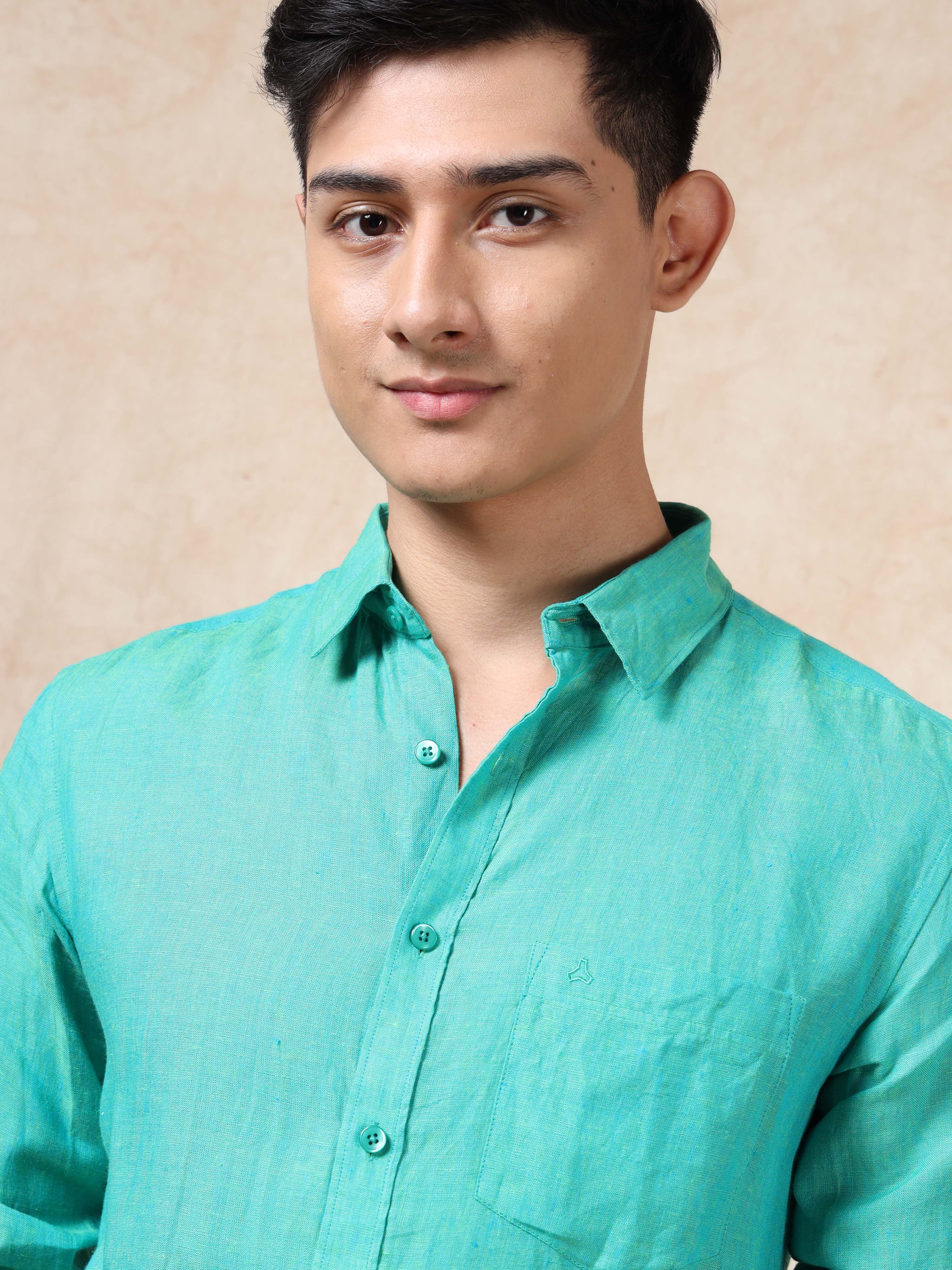 MEN'S GREEN SOLID SLIM FIT LINEN SHIRT