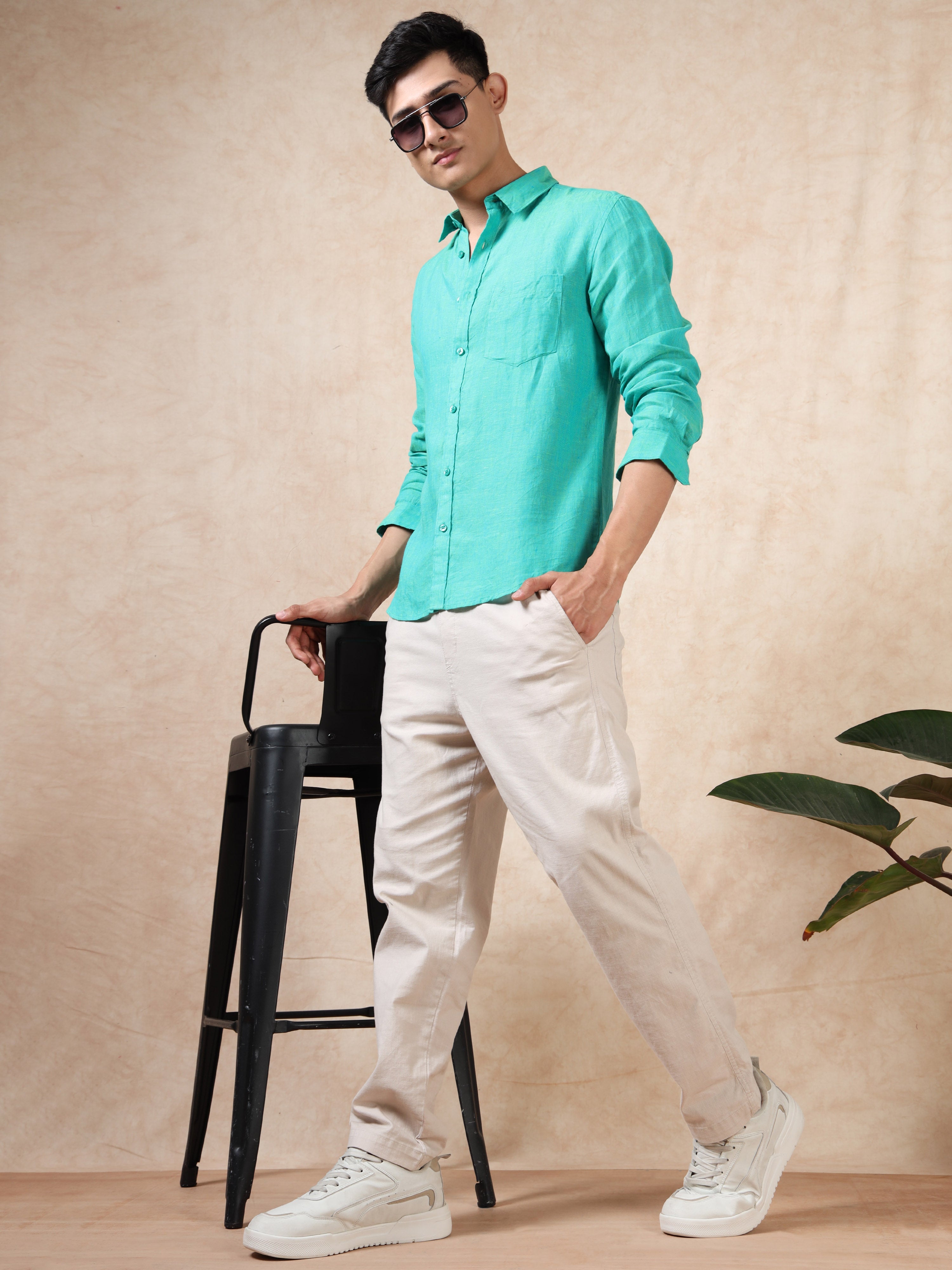 MEN'S GREEN SOLID SLIM FIT LINEN SHIRT