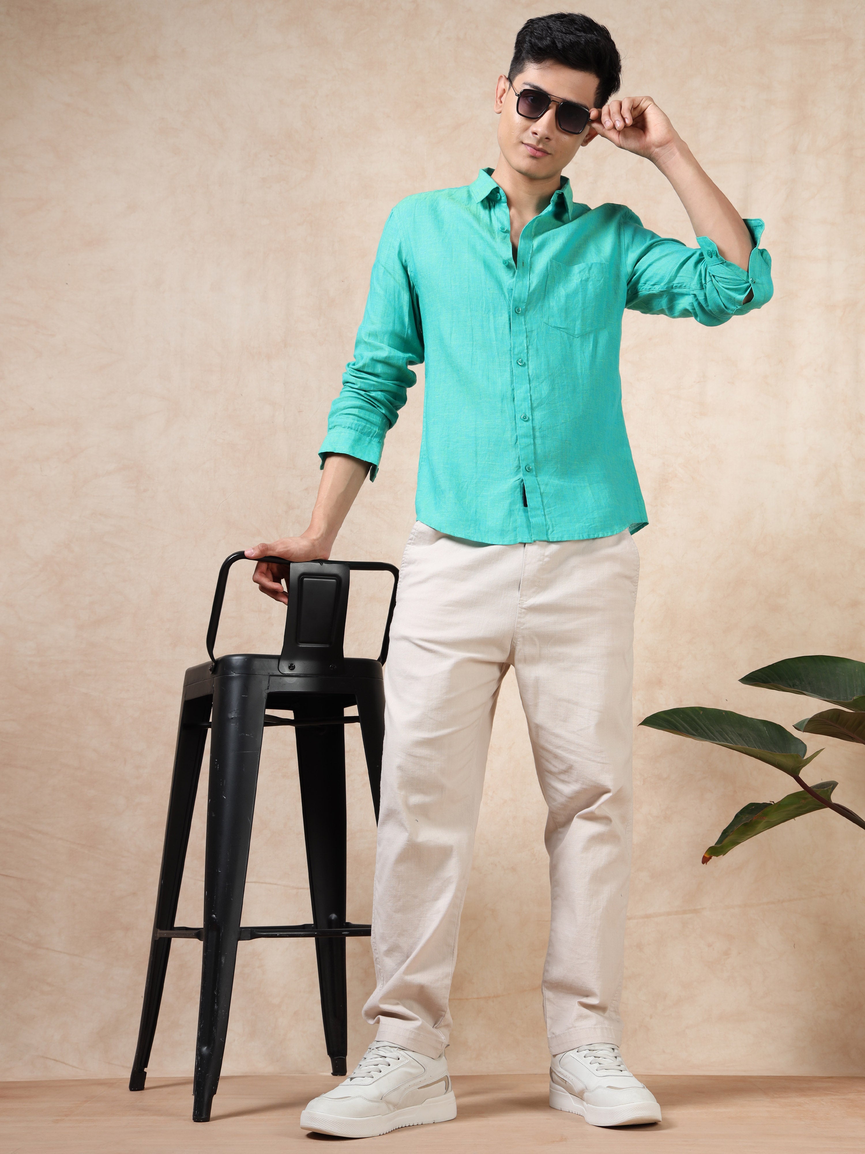 MEN'S GREEN SOLID SLIM FIT LINEN SHIRT