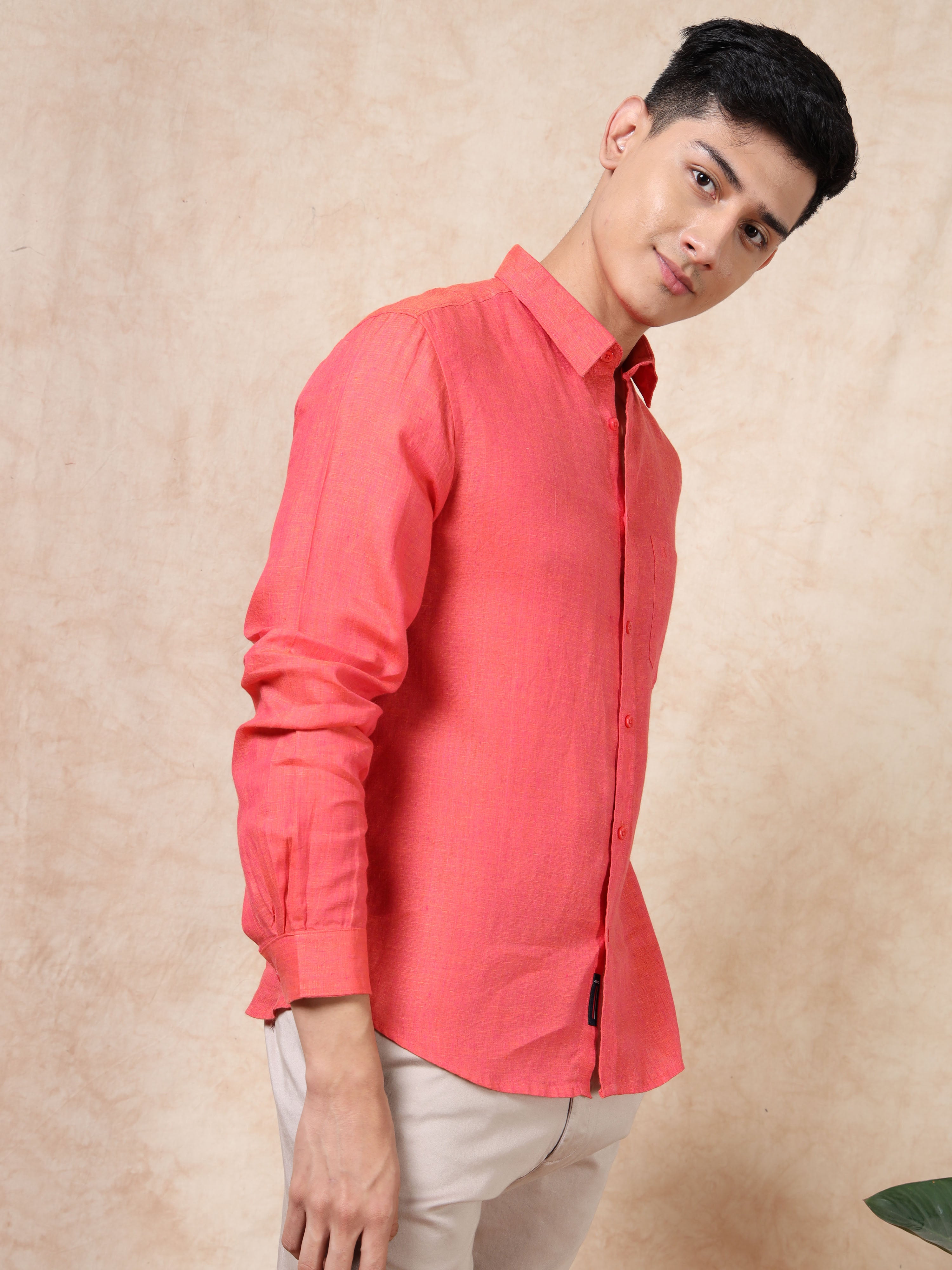 MEN'S RED SOLID SLIM FIT LINEN SHIRT