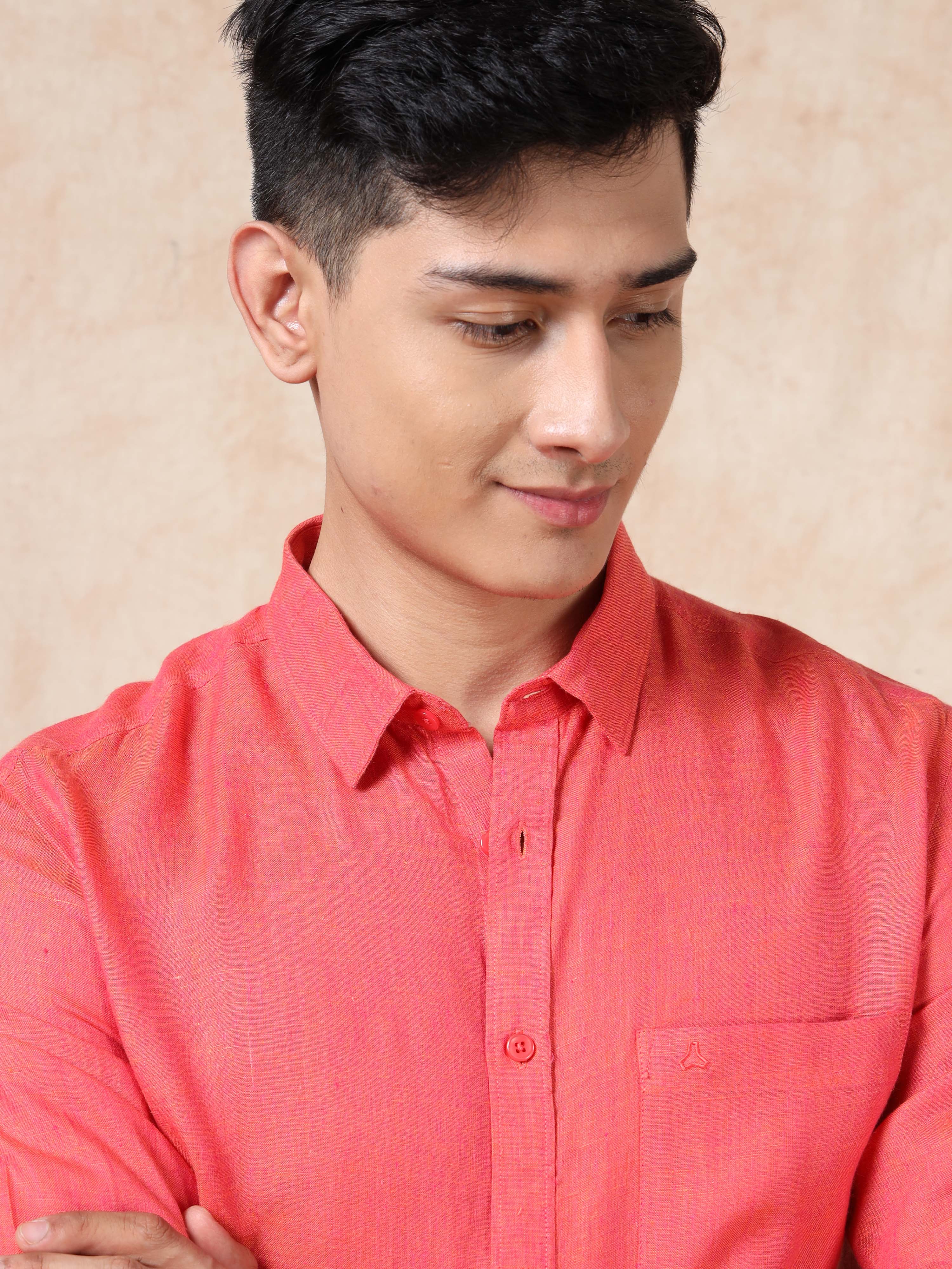 MEN'S RED SOLID SLIM FIT LINEN SHIRT