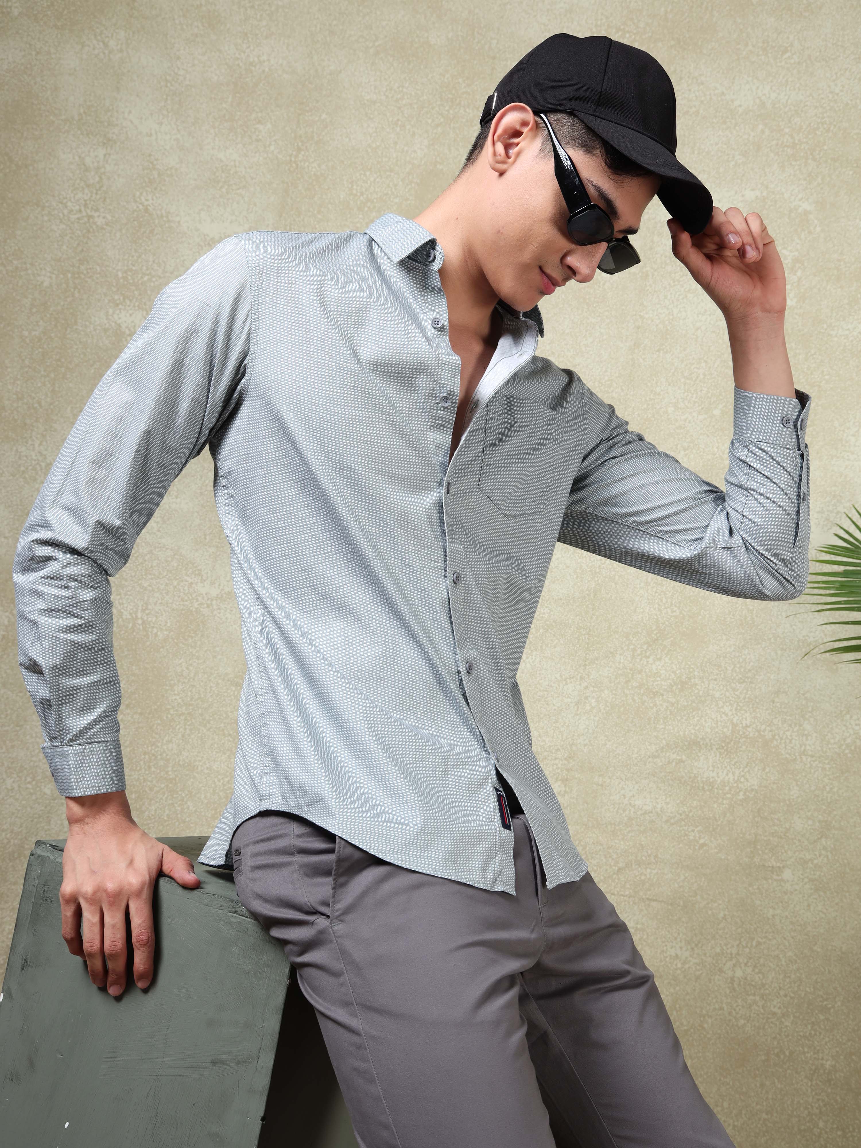 MEN'S GREY PRINT SLIM FIT SHIRT