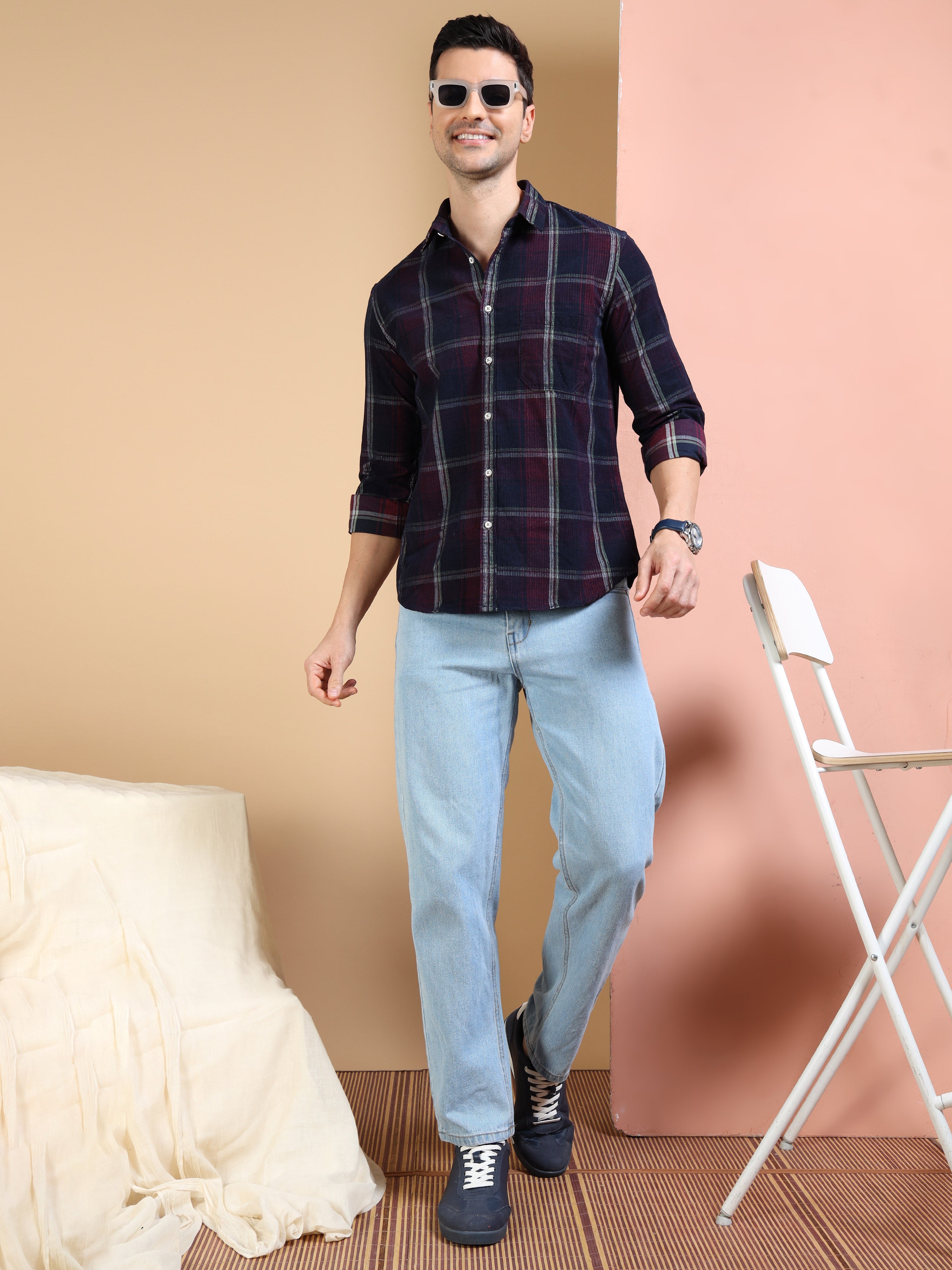 MEN'S MAROON CHECKS SLIM FIT SHIRT