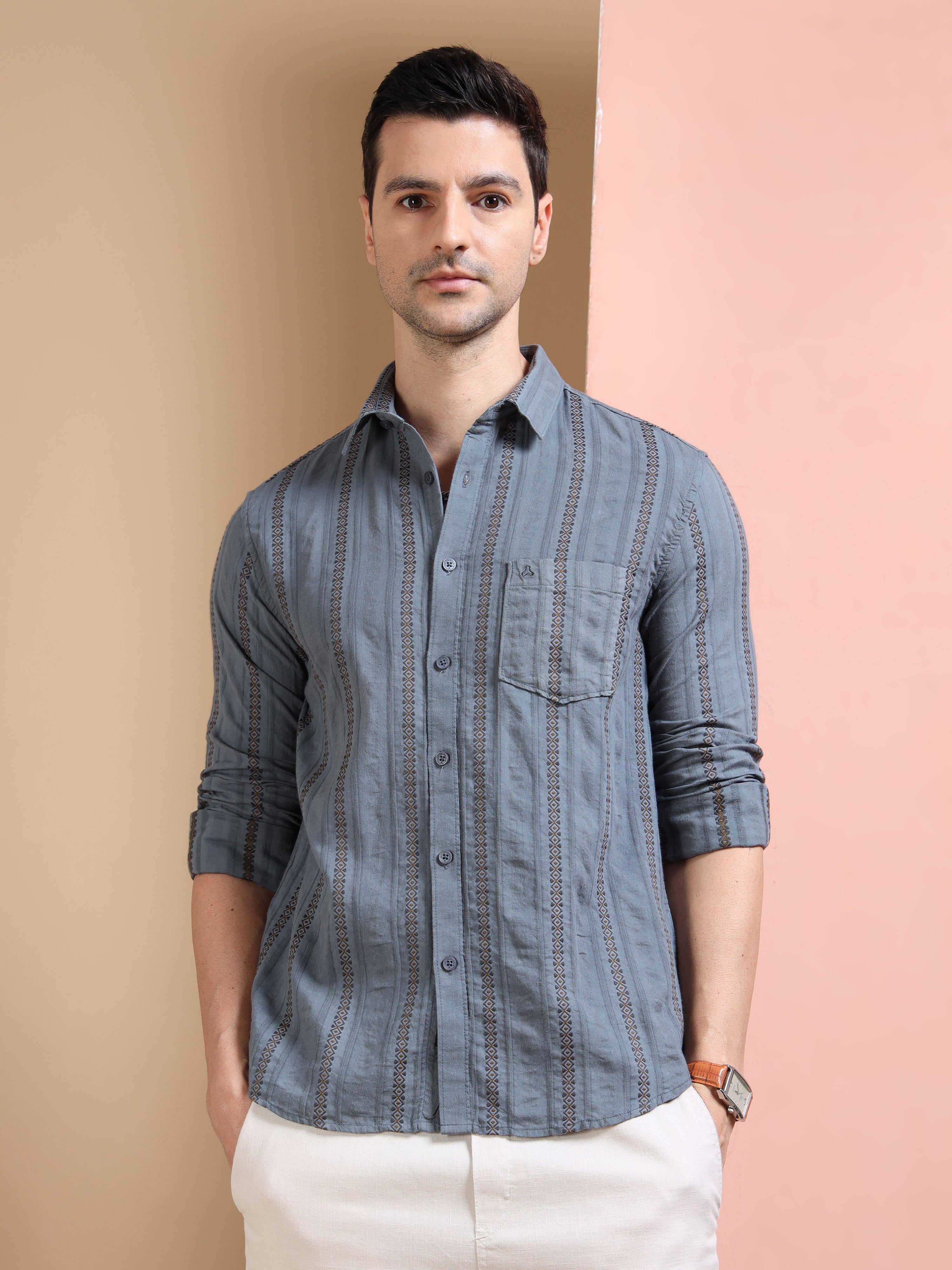 MEN'S MID GREY STRIPE SLIM FIT SHIRT