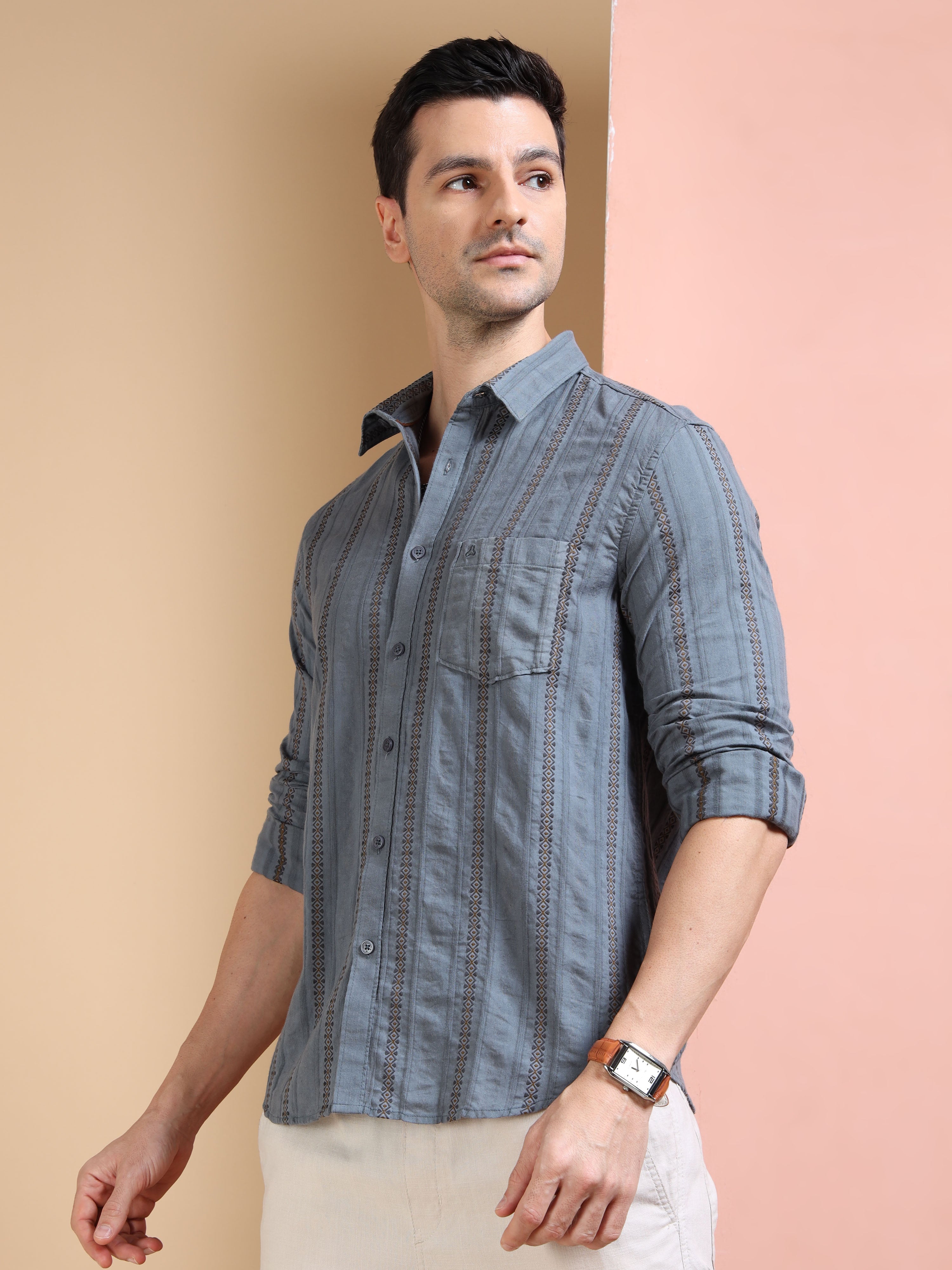 MEN'S MID GREY STRIPE SLIM FIT SHIRT