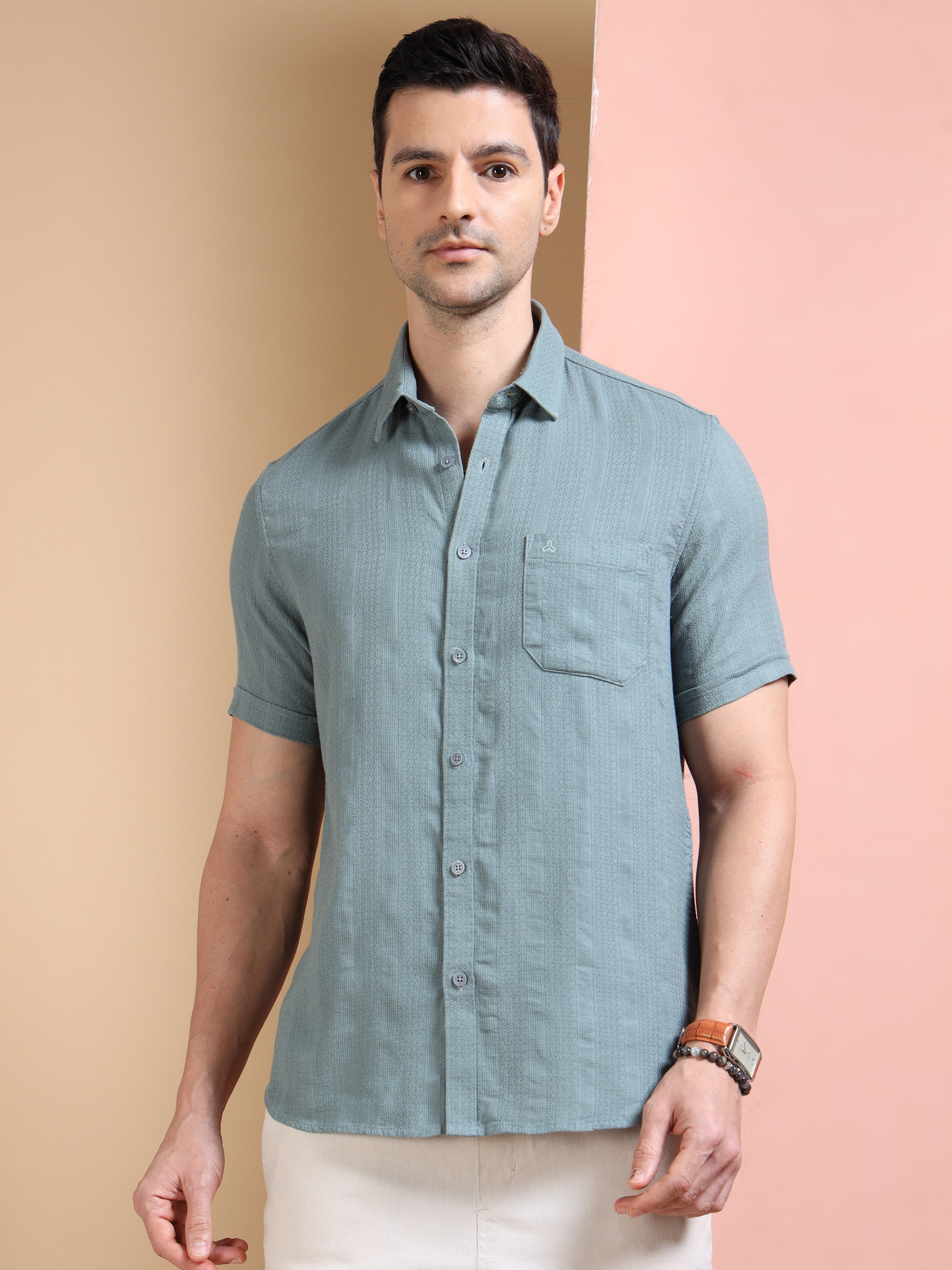 MEN'S LT.GREEN STRIPE SLIM FIT SHIRT