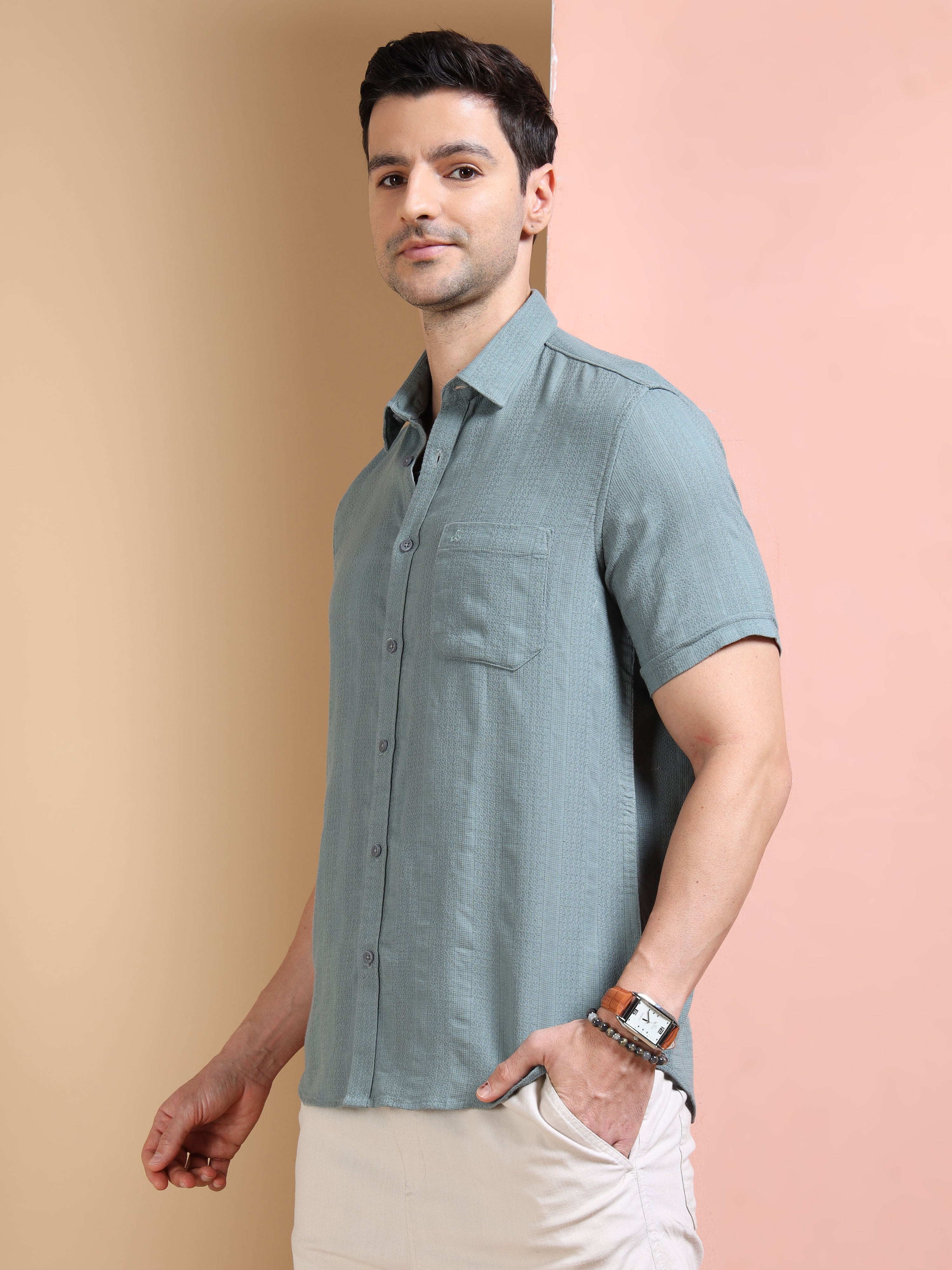 MEN'S LT.GREEN STRIPE SLIM FIT SHIRT