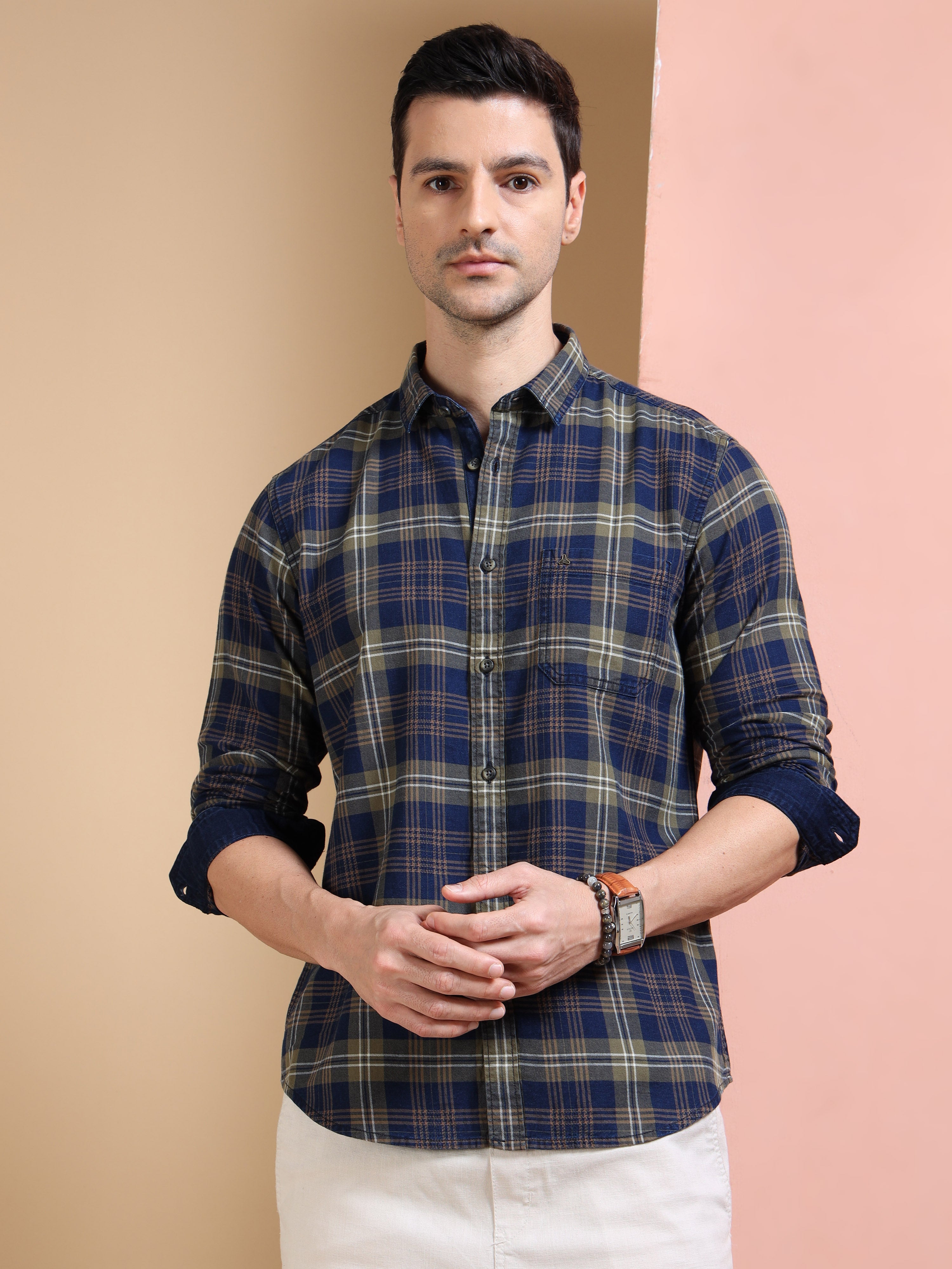 MEN'S GREEN INDIGO CHECKS SLIM FIT SHIRT