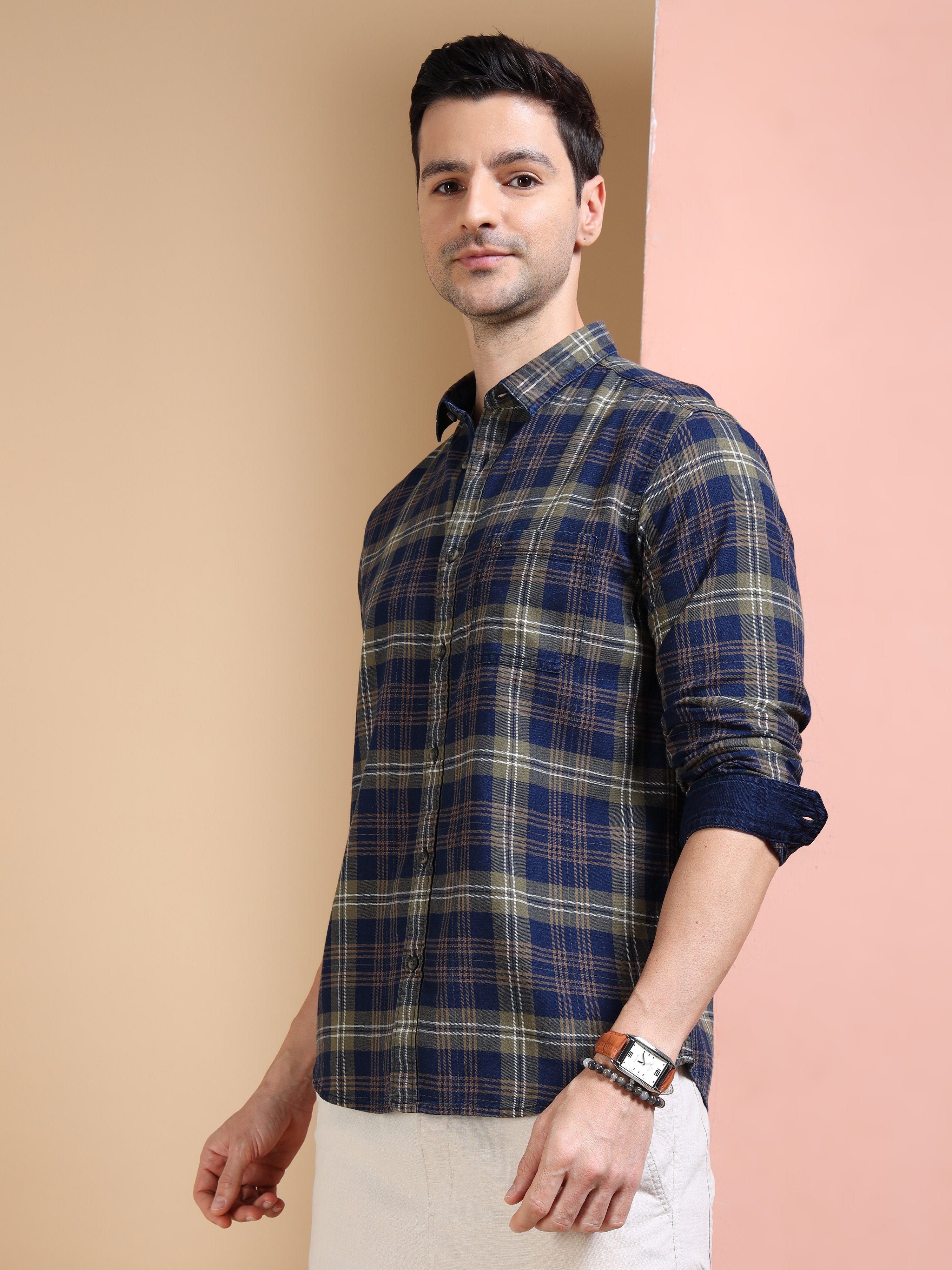 MEN'S GREEN INDIGO CHECKS SLIM FIT SHIRT