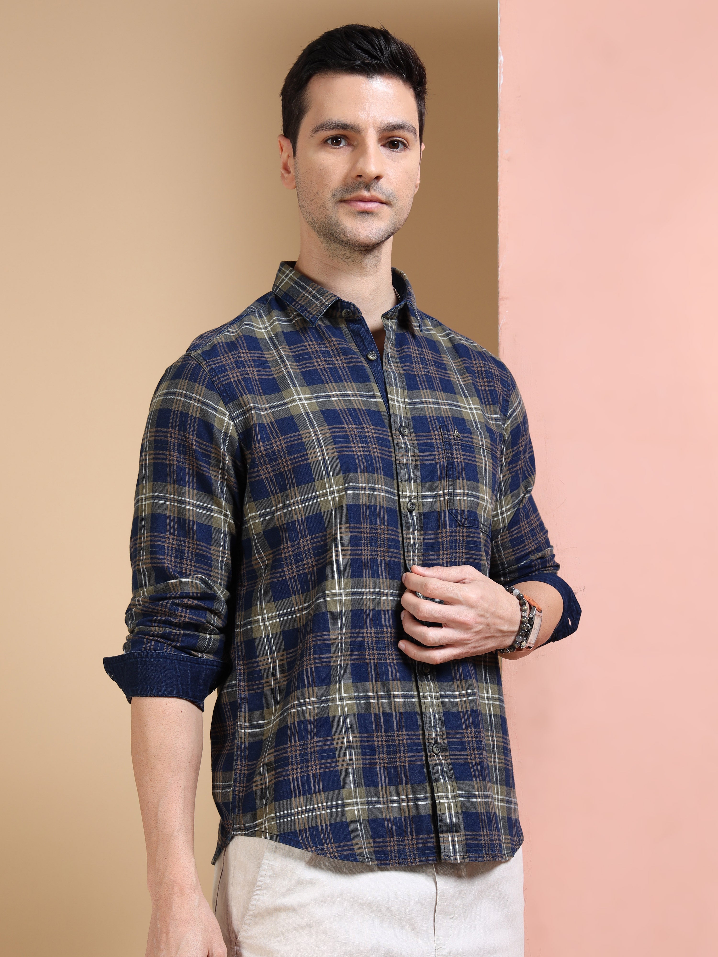 MEN'S GREEN INDIGO CHECKS SLIM FIT SHIRT