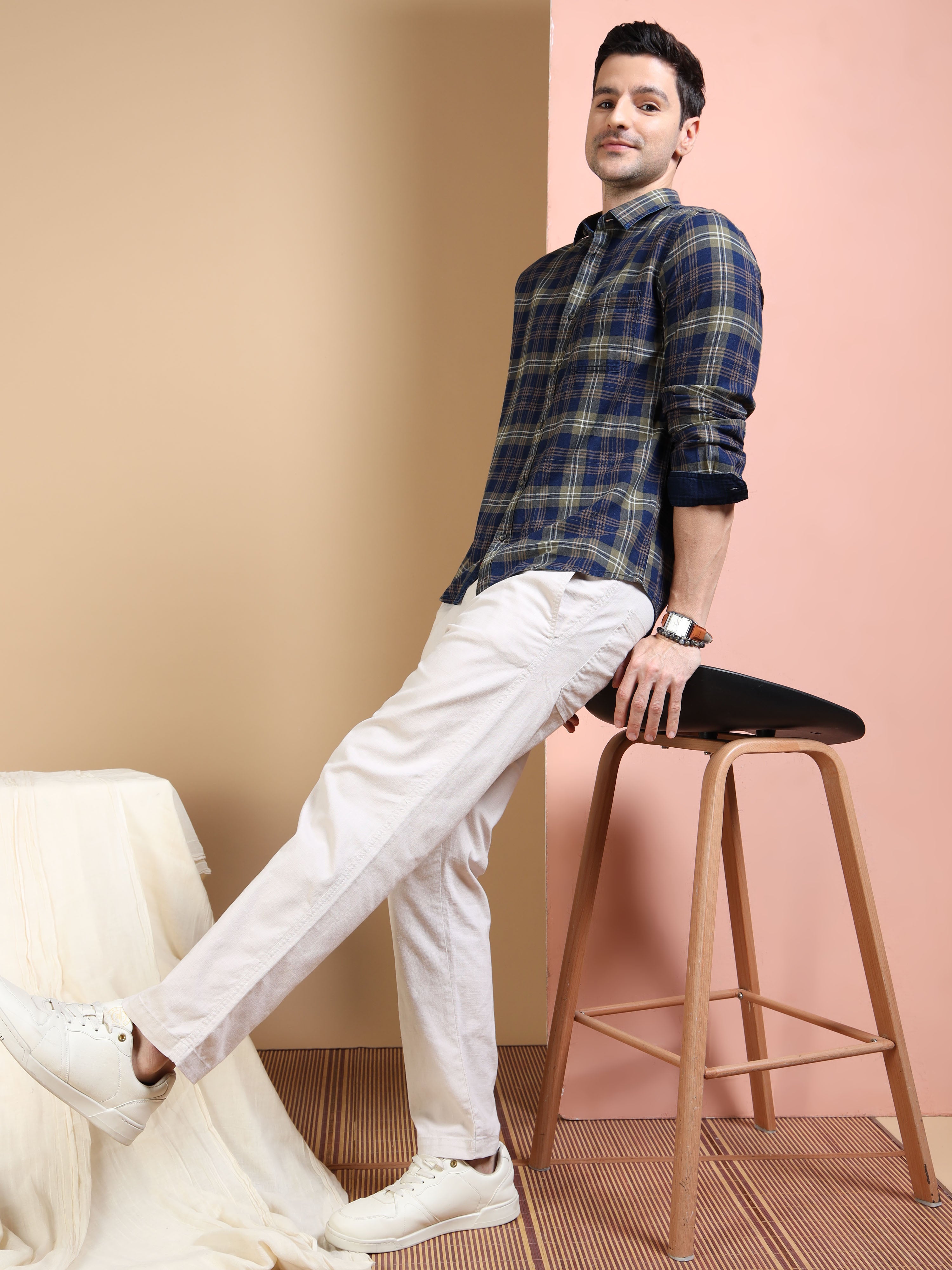 MEN'S GREEN INDIGO CHECKS SLIM FIT SHIRT