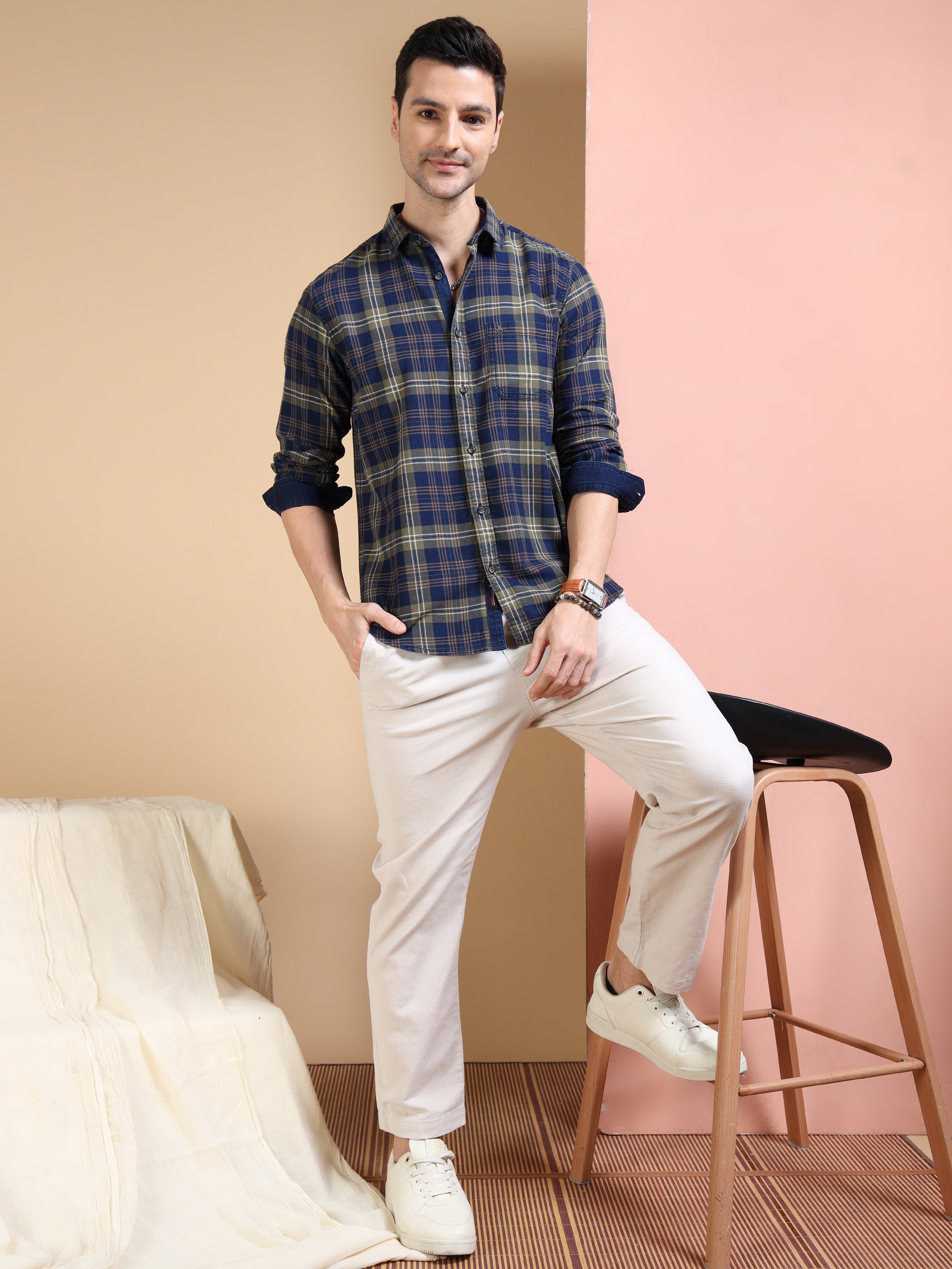 MEN'S GREEN INDIGO CHECKS SLIM FIT SHIRT