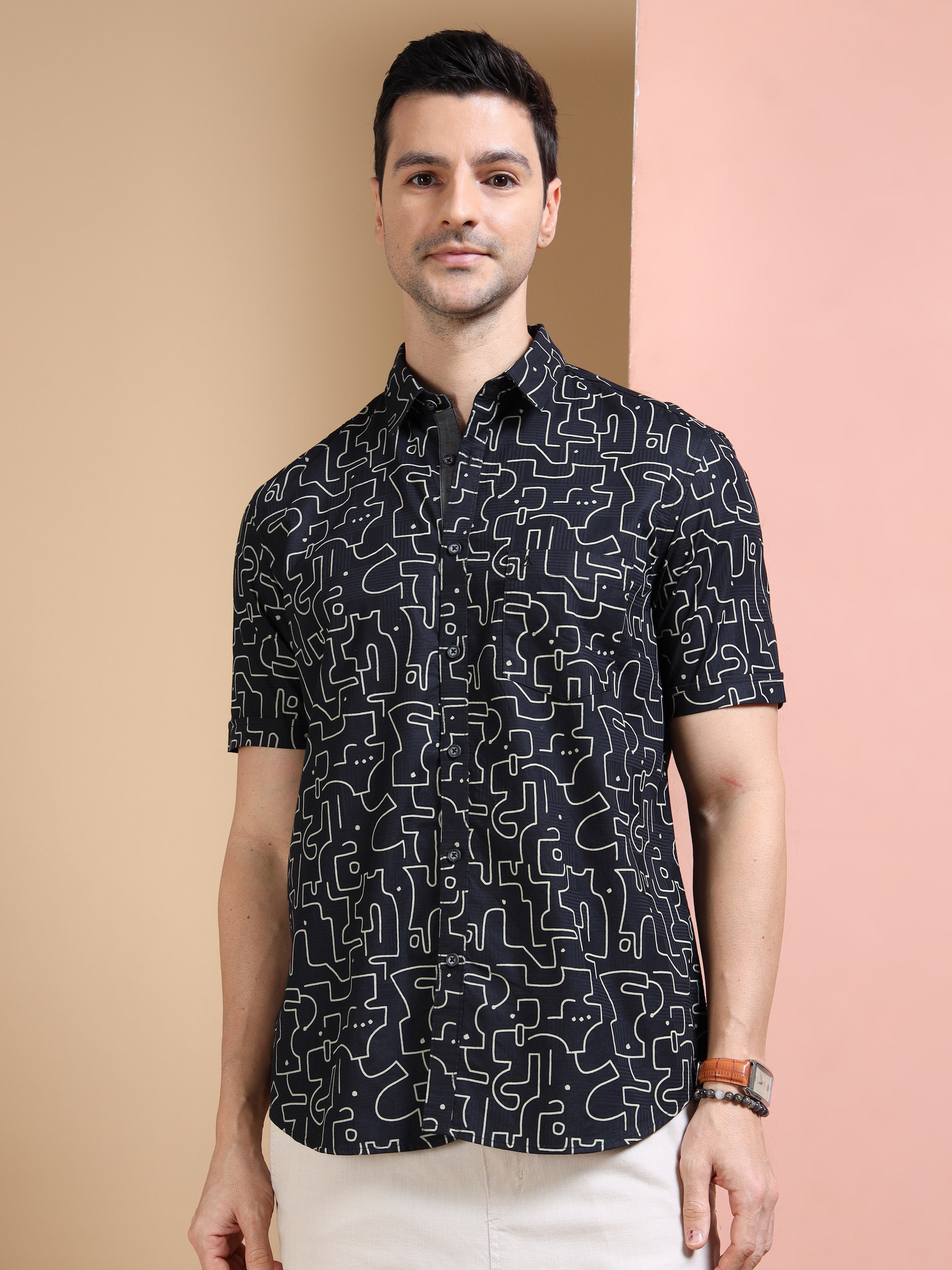 MEN'S BLACK PRINT SLIM FIT SHIRT