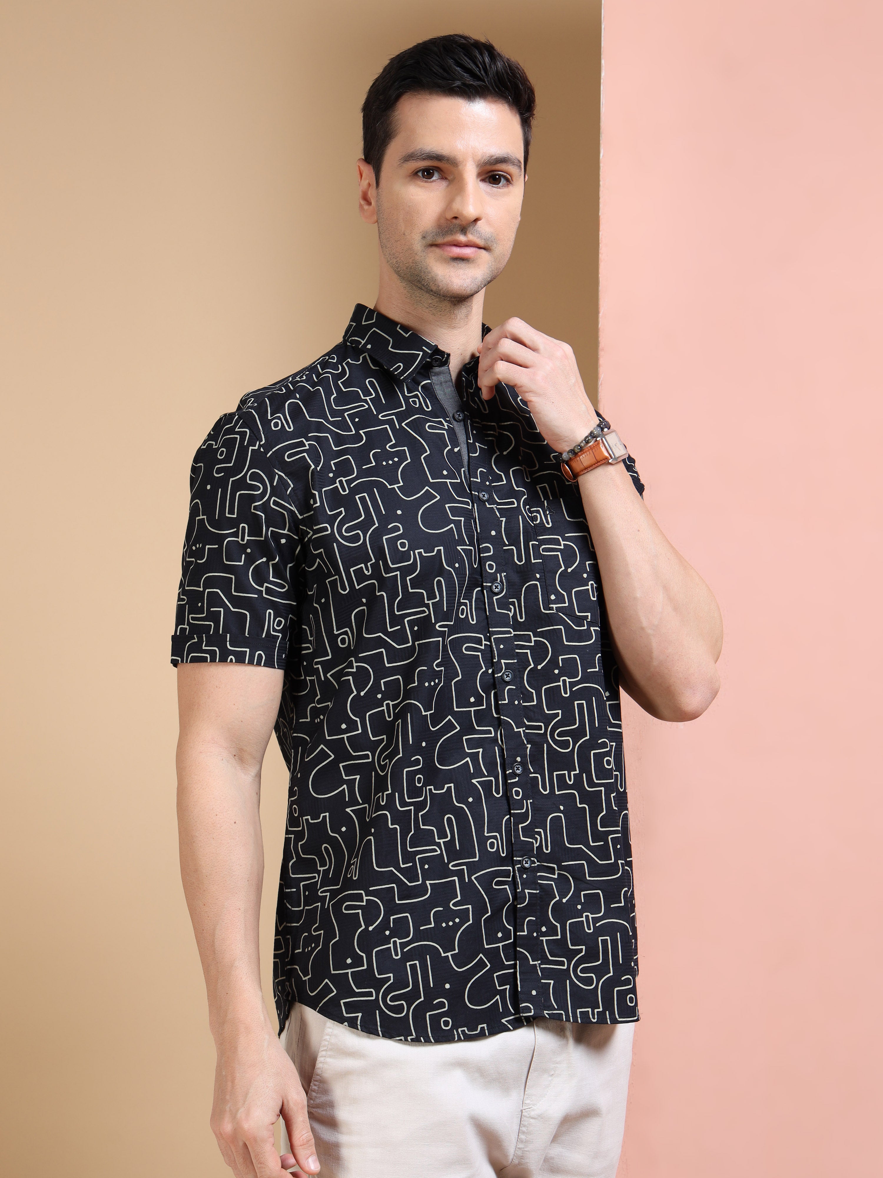 MEN'S BLACK PRINT SLIM FIT SHIRT