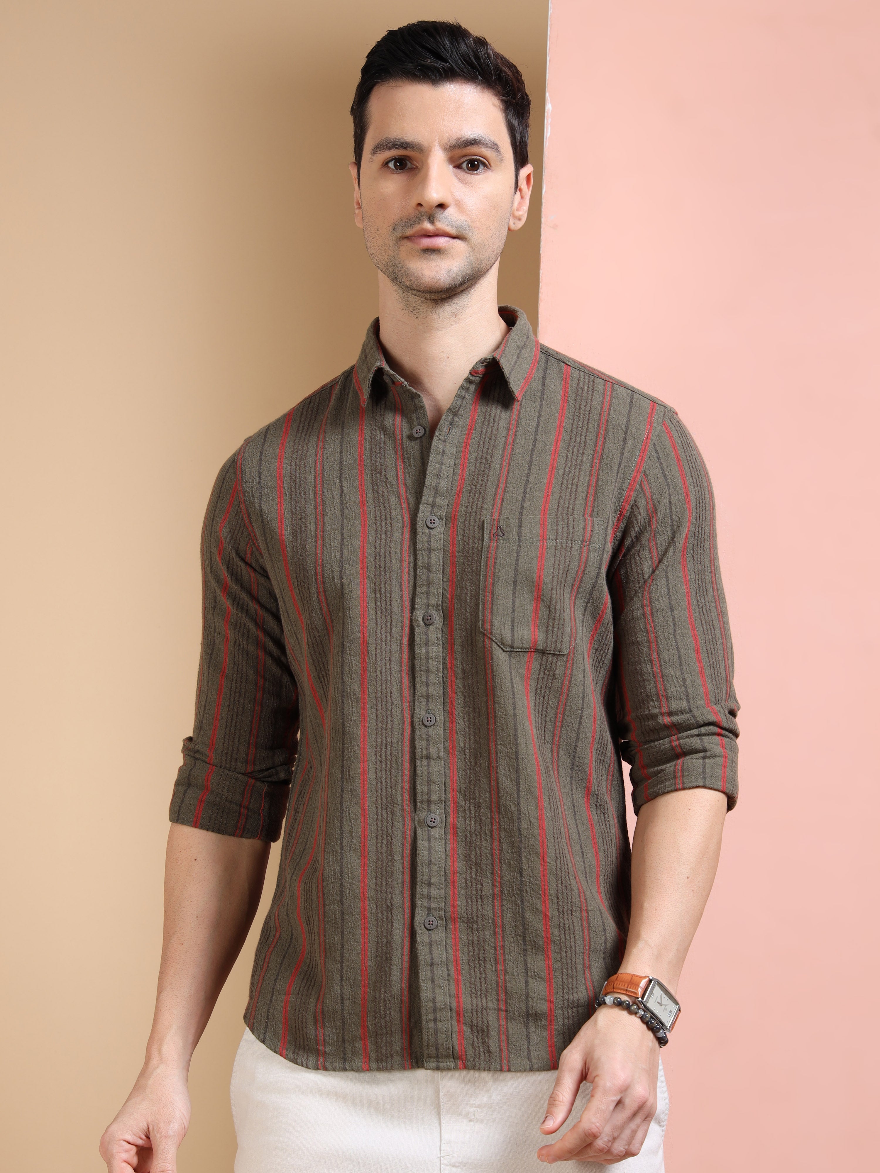 MEN'S DK.GREEN STRIPE SLIM FIT SHIRT