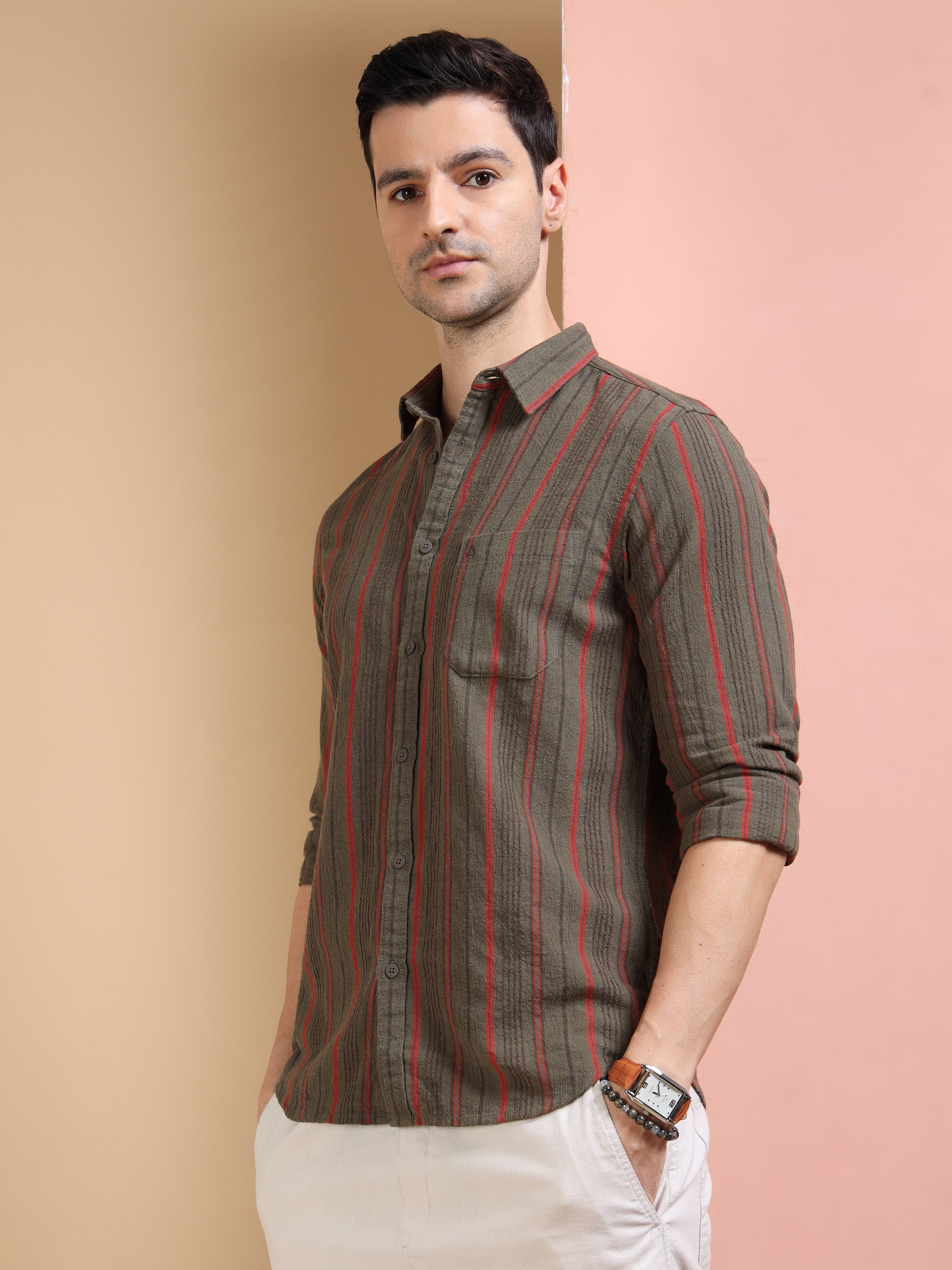 MEN'S DK.GREEN STRIPE SLIM FIT SHIRT