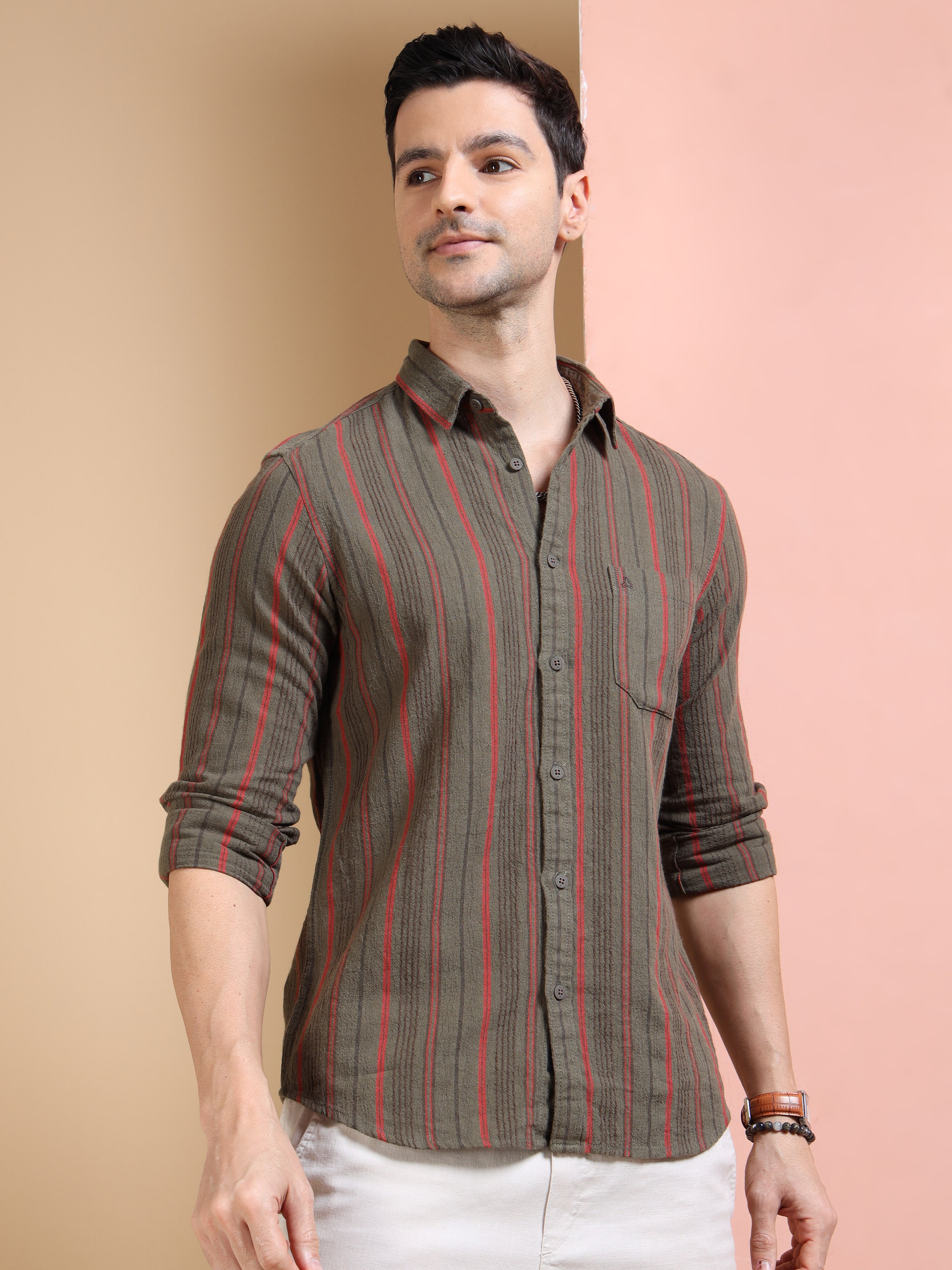 MEN'S DK.GREEN STRIPE SLIM FIT SHIRT
