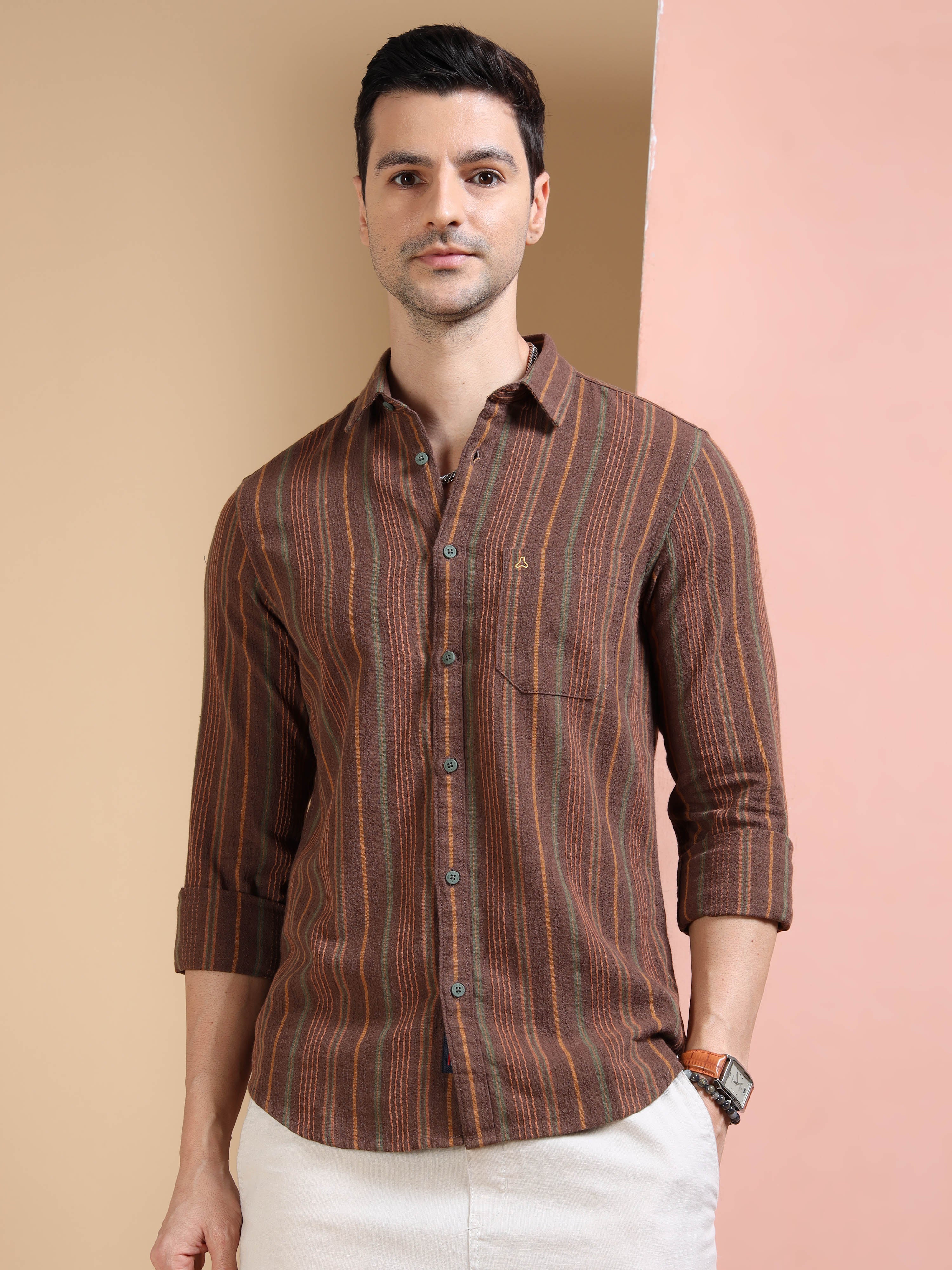 MEN'S BROWN STRIPE SLIM FIT SHIRT