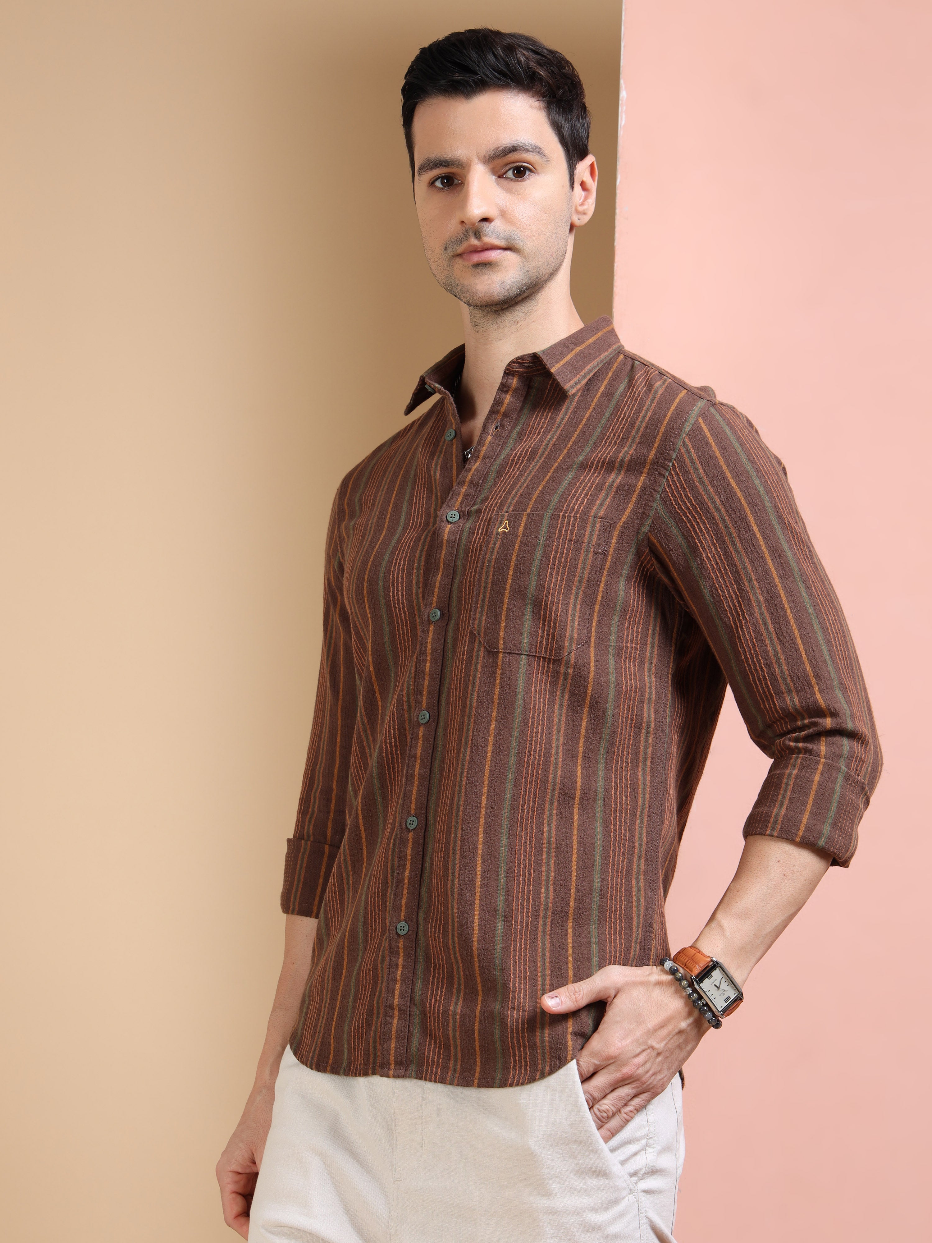 MEN'S BROWN STRIPE SLIM FIT SHIRT