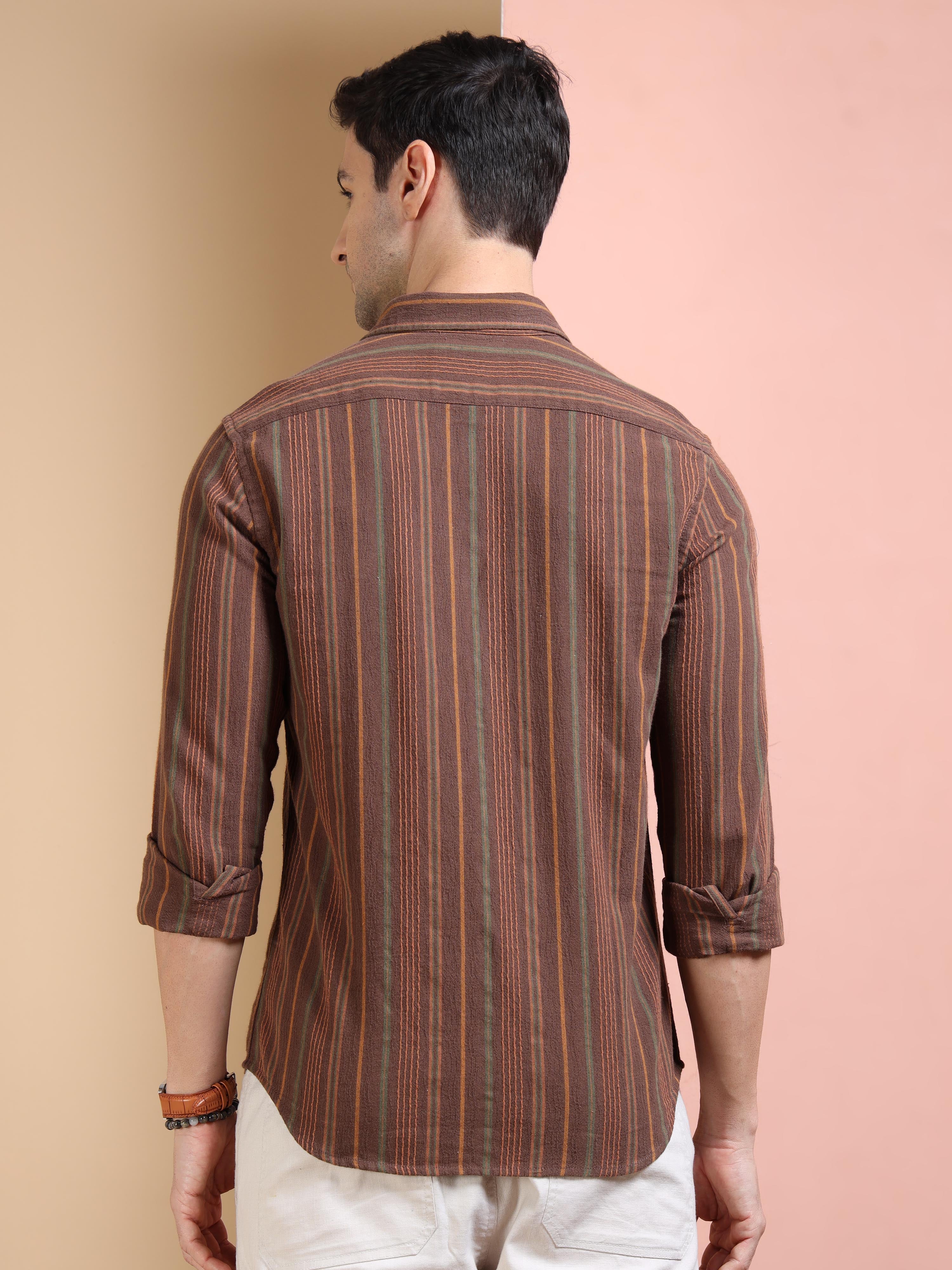MEN'S BROWN STRIPE SLIM FIT SHIRT
