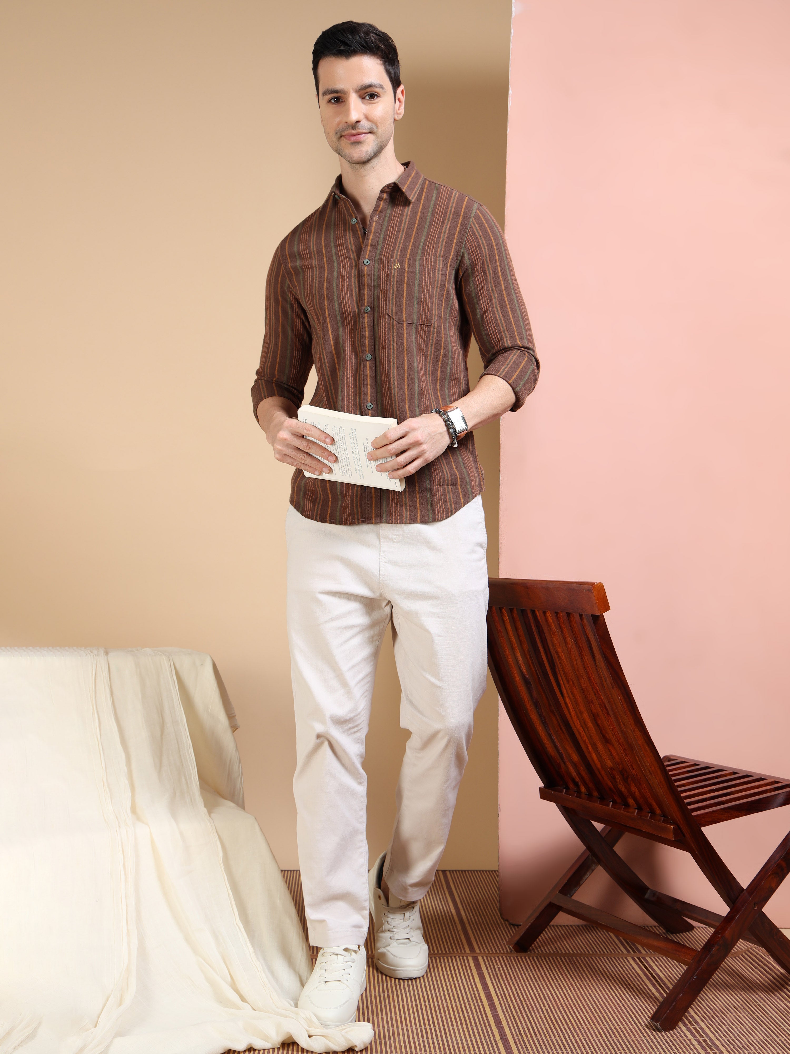 MEN'S BROWN STRIPE SLIM FIT SHIRT