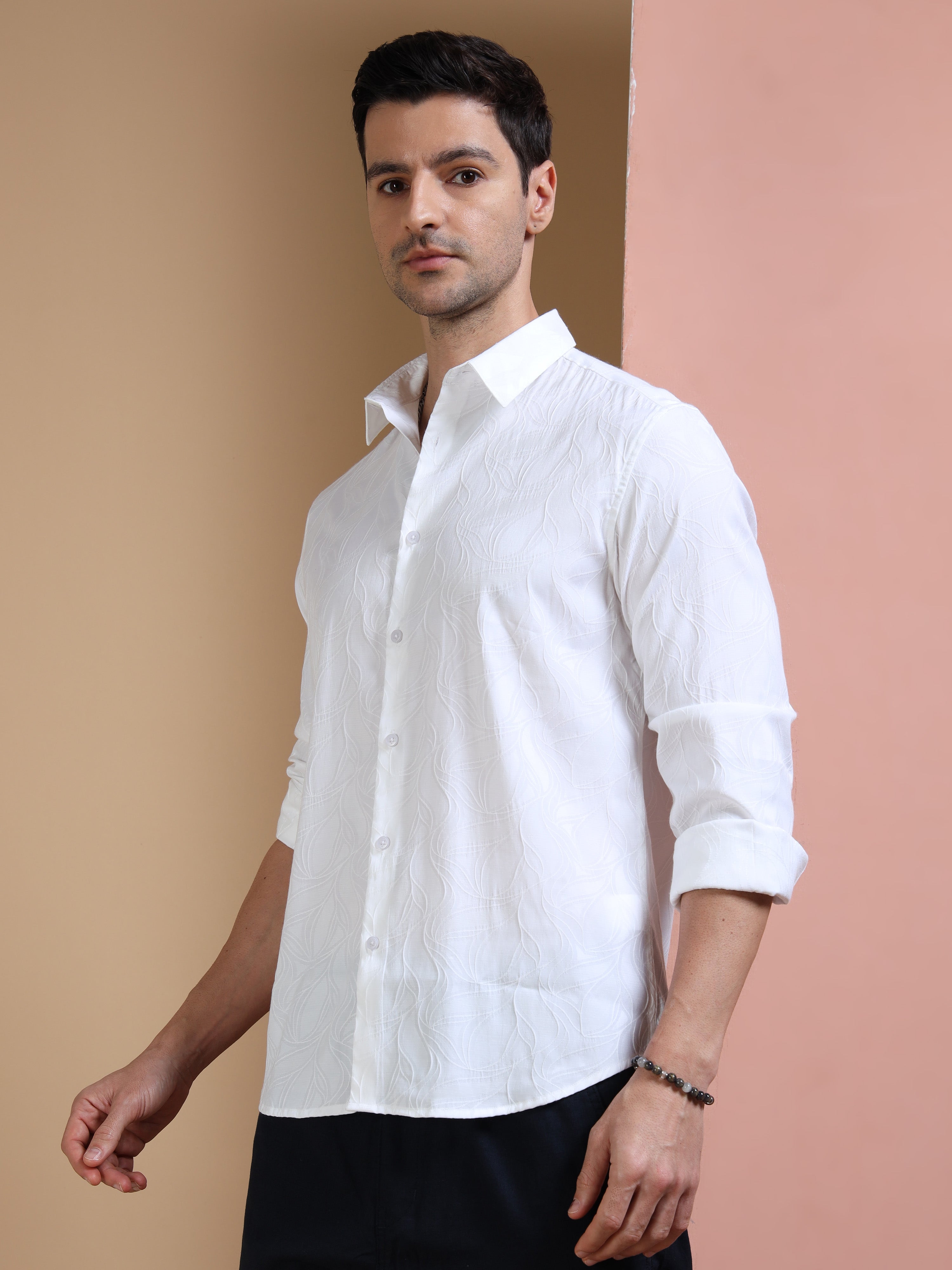 MEN'S WHITE SELF DESIGN SLIM FIT SHIRT