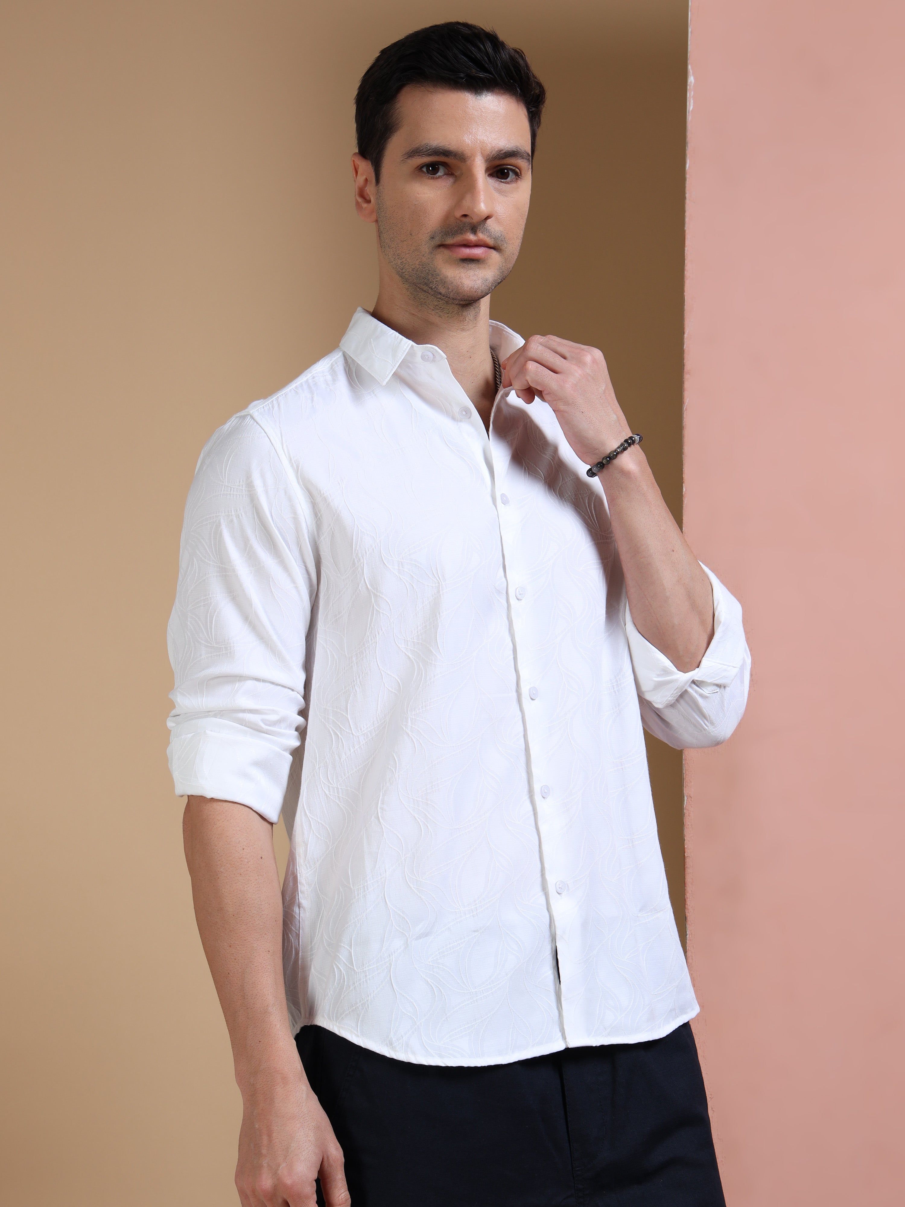 MEN'S WHITE SELF DESIGN SLIM FIT SHIRT