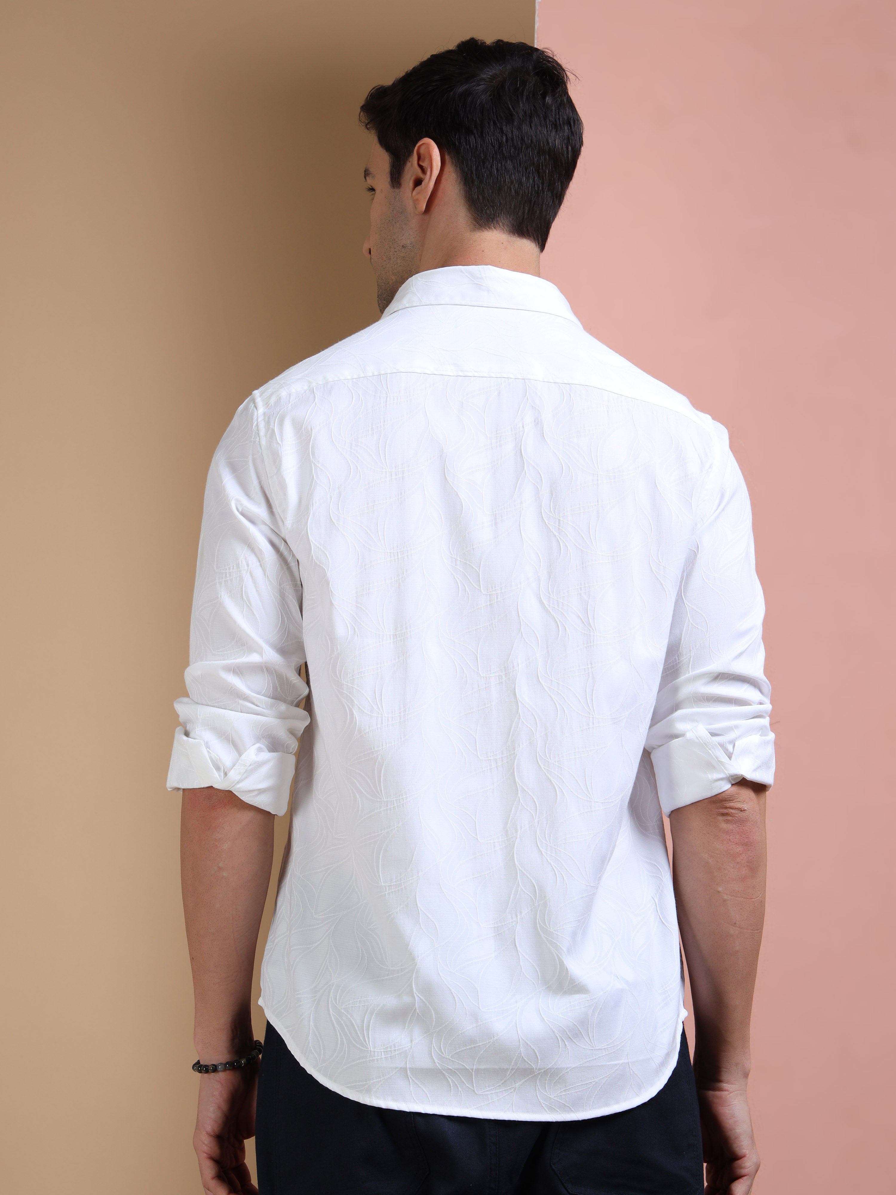 MEN'S WHITE SELF DESIGN SLIM FIT SHIRT