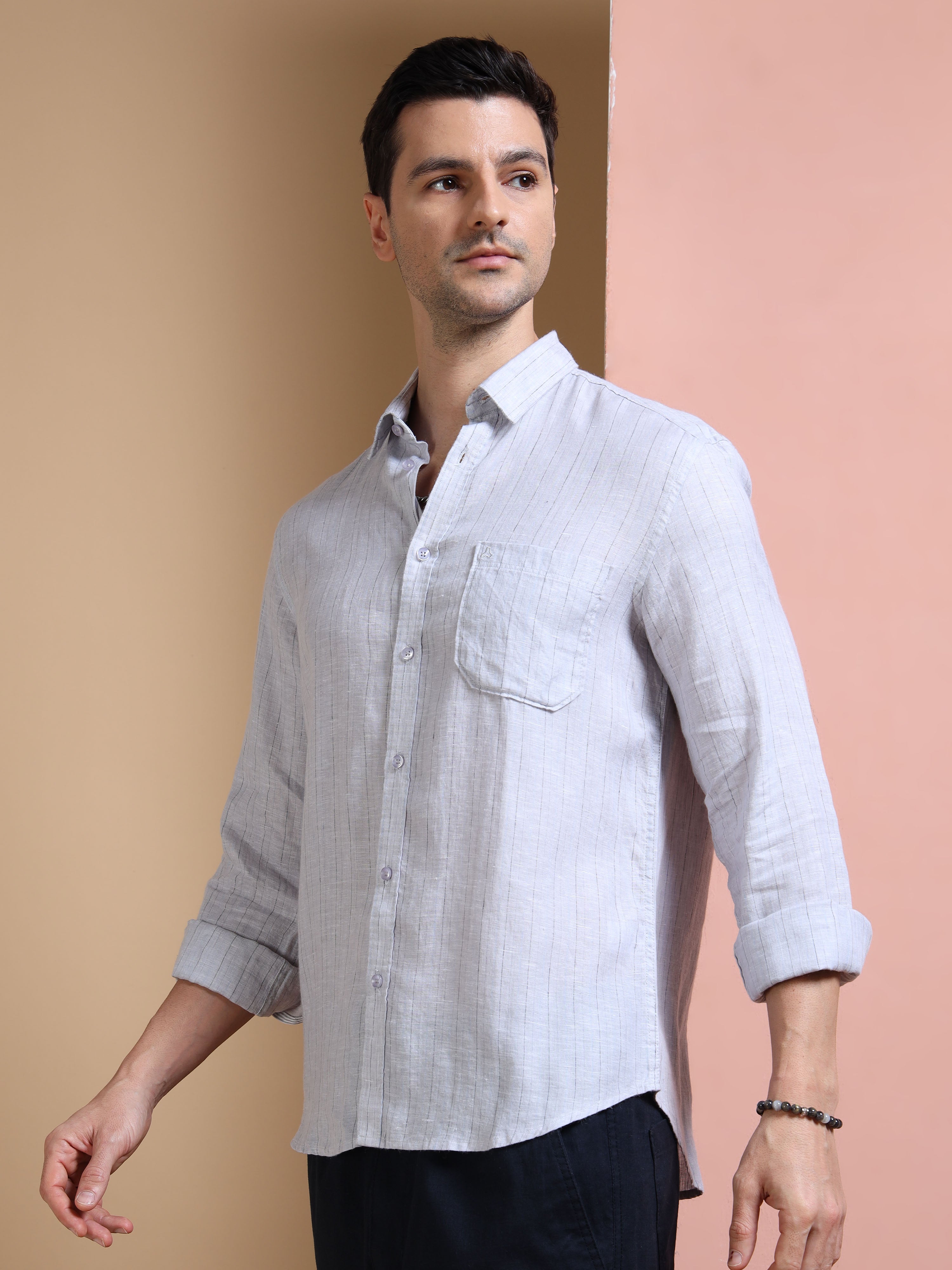 MEN'S GREY STRIPES SLIM FIT LINEN SHIRT
