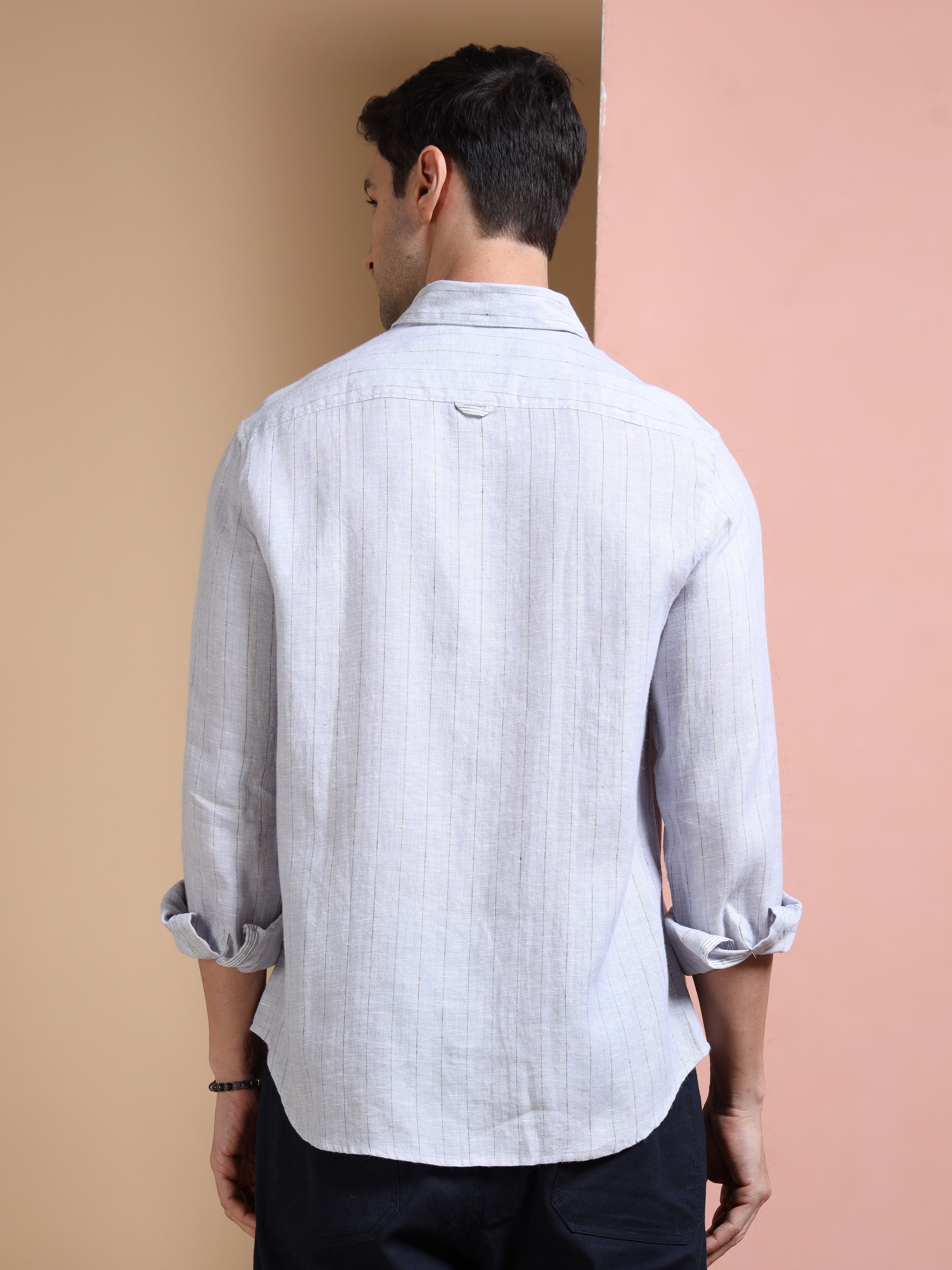 MEN'S GREY STRIPES SLIM FIT LINEN SHIRT