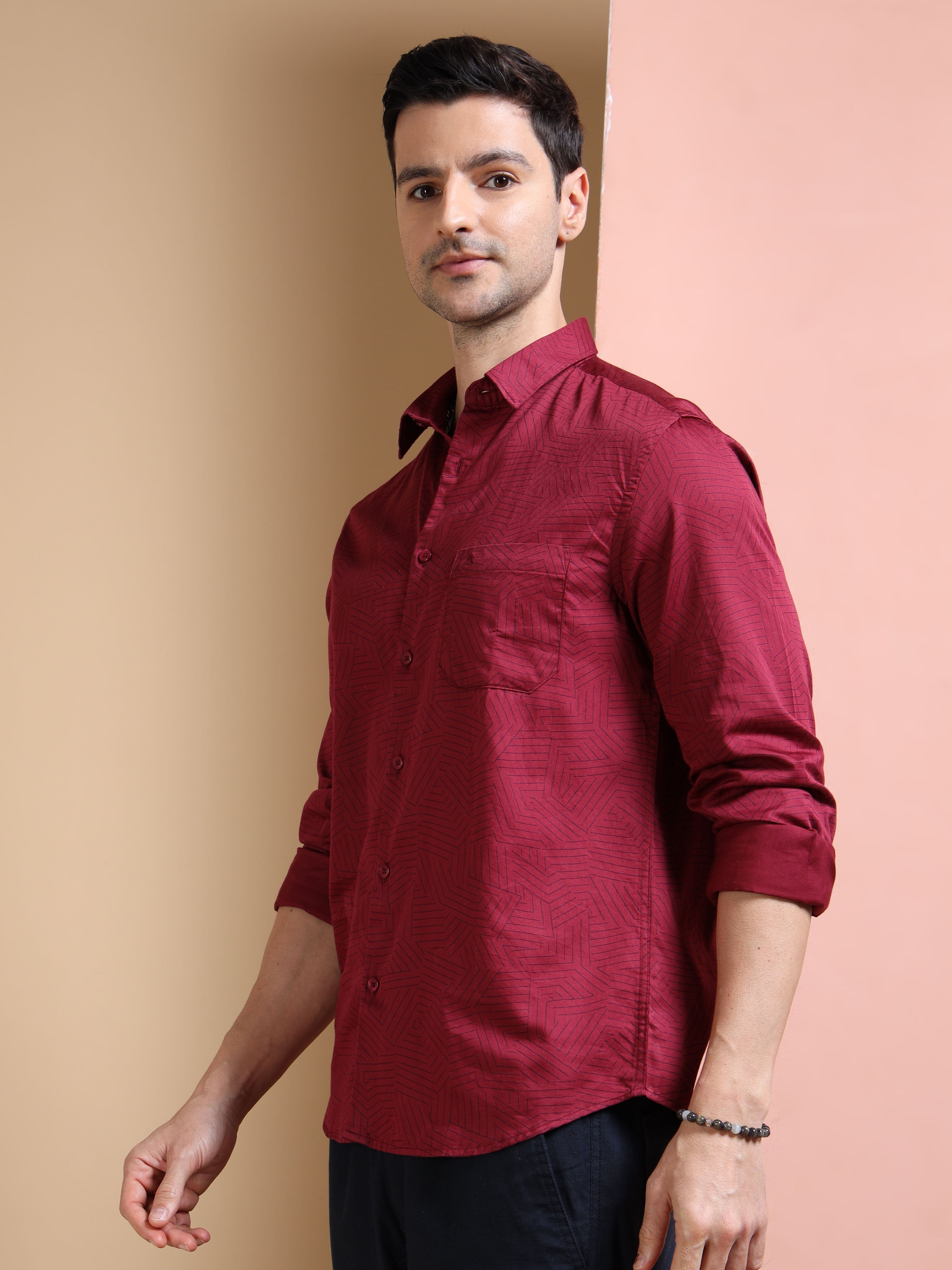 MEN'S MEROON PRINT SLIM FIT SHIRT