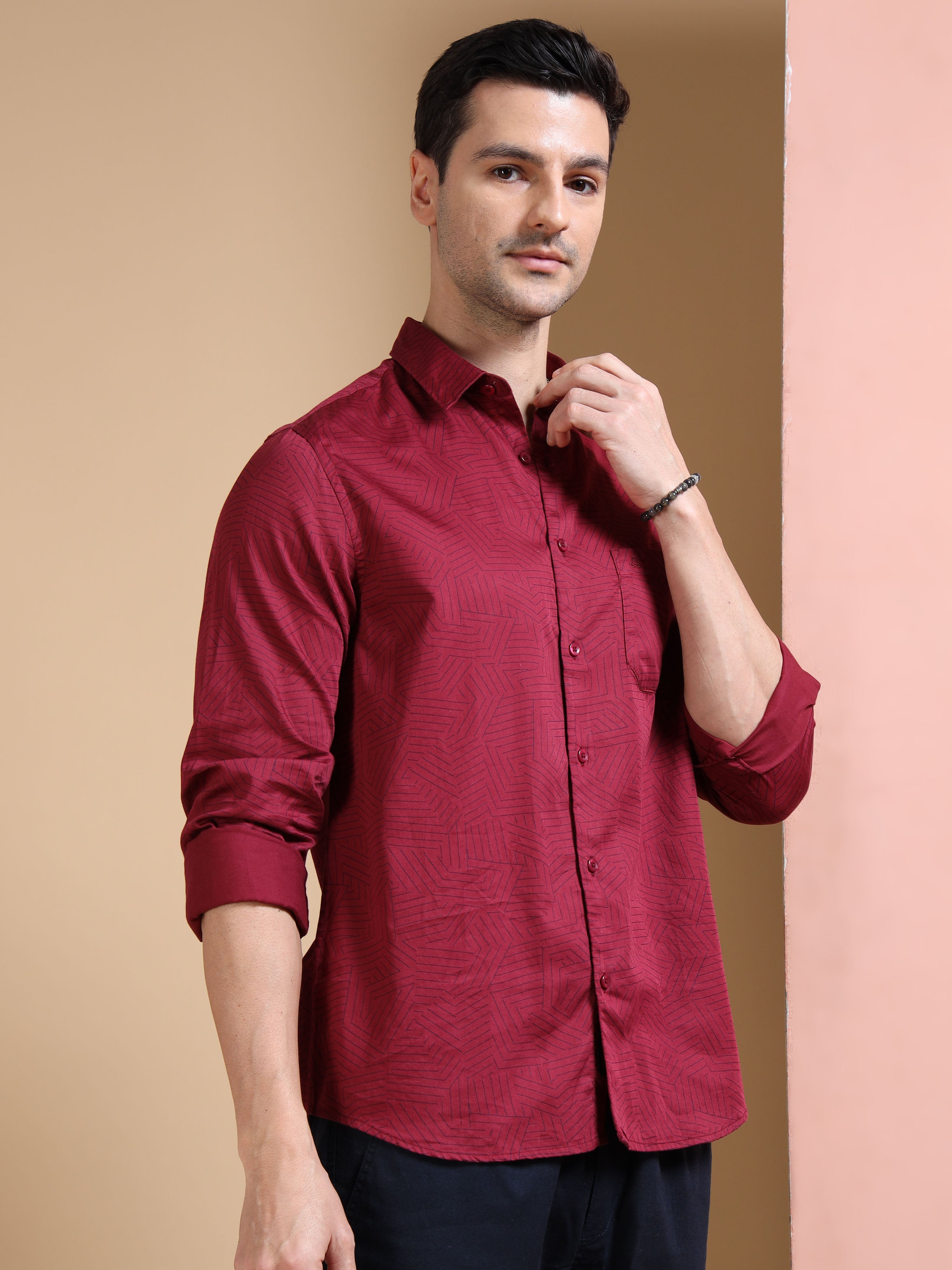 MEN'S MEROON PRINT SLIM FIT SHIRT