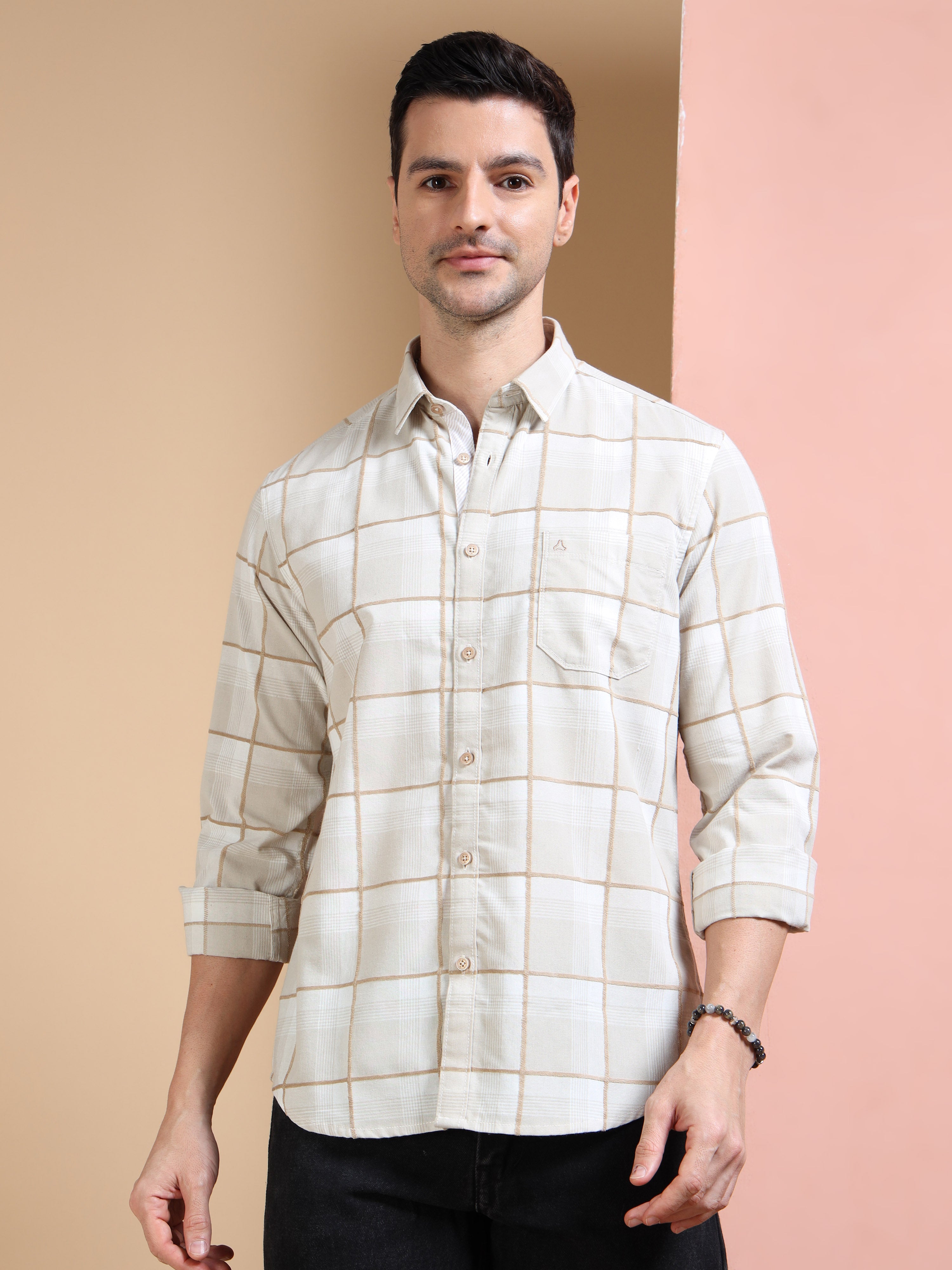 MEN'S DK.KHAKI CHECKS SLIM FIT SHIRT