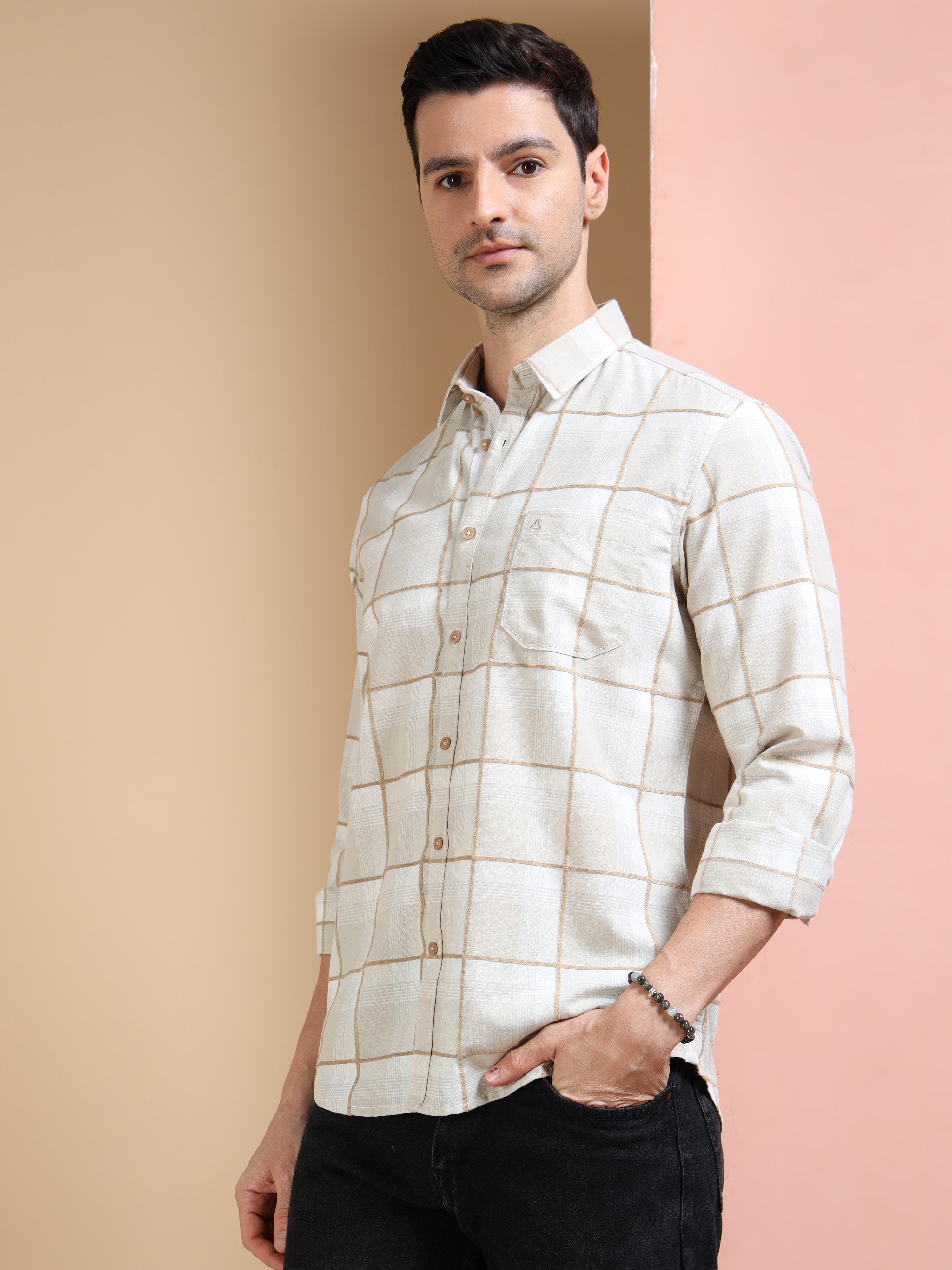 MEN'S DK.KHAKI CHECKS SLIM FIT SHIRT