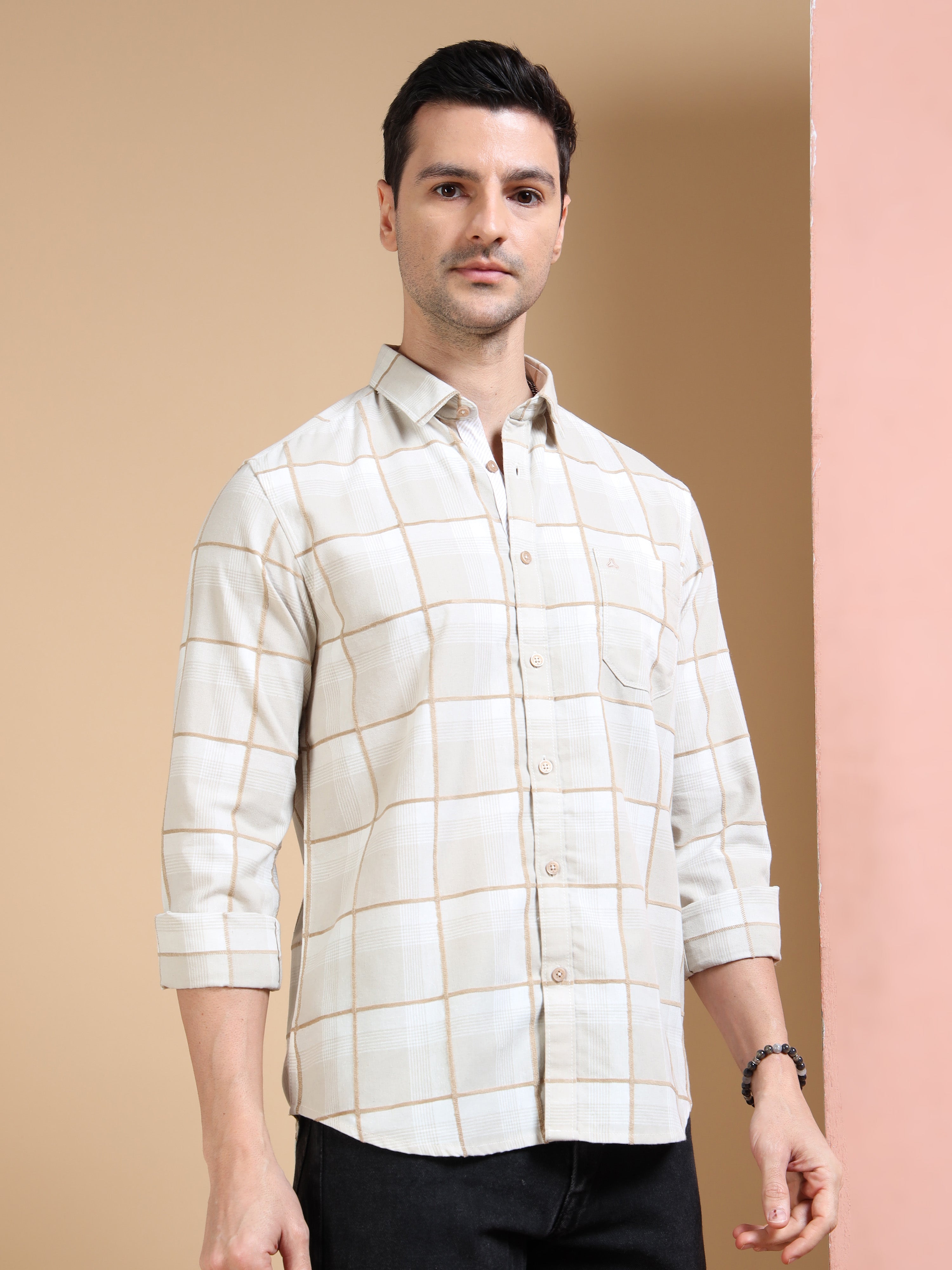 MEN'S DK.KHAKI CHECKS SLIM FIT SHIRT