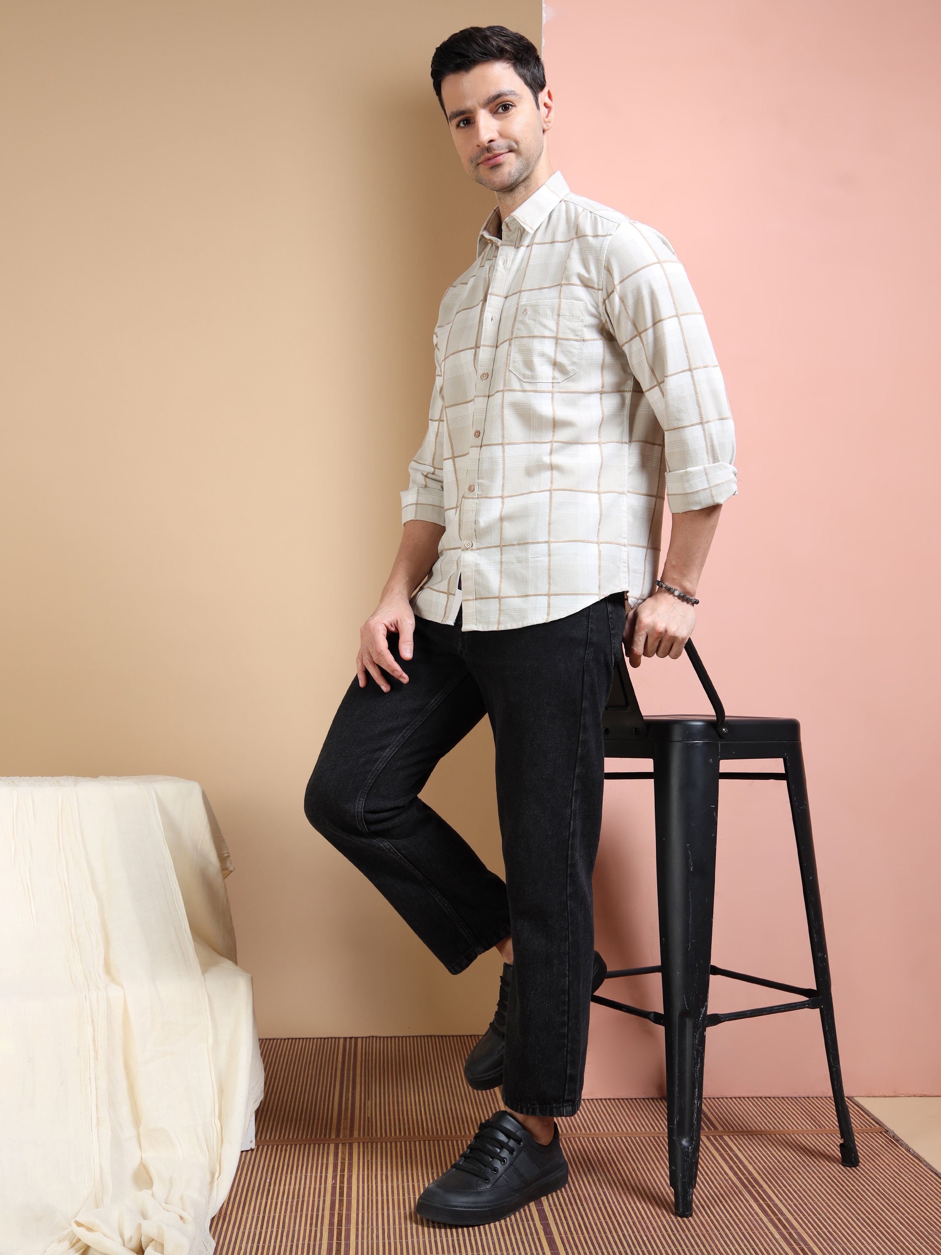 MEN'S DK.KHAKI CHECKS SLIM FIT SHIRT