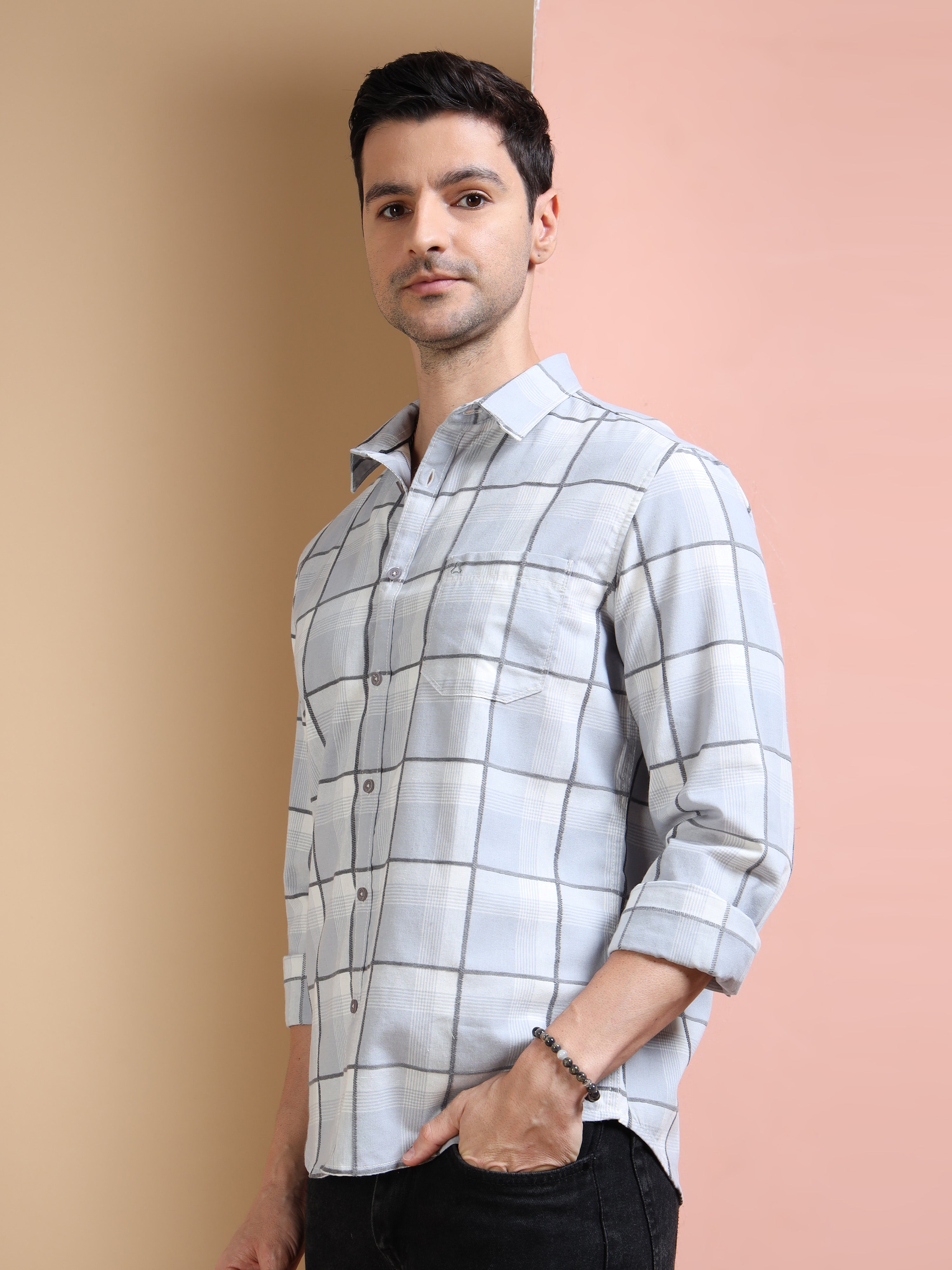 MEN'S GREY CHECKS SLIM FIT SHIRT