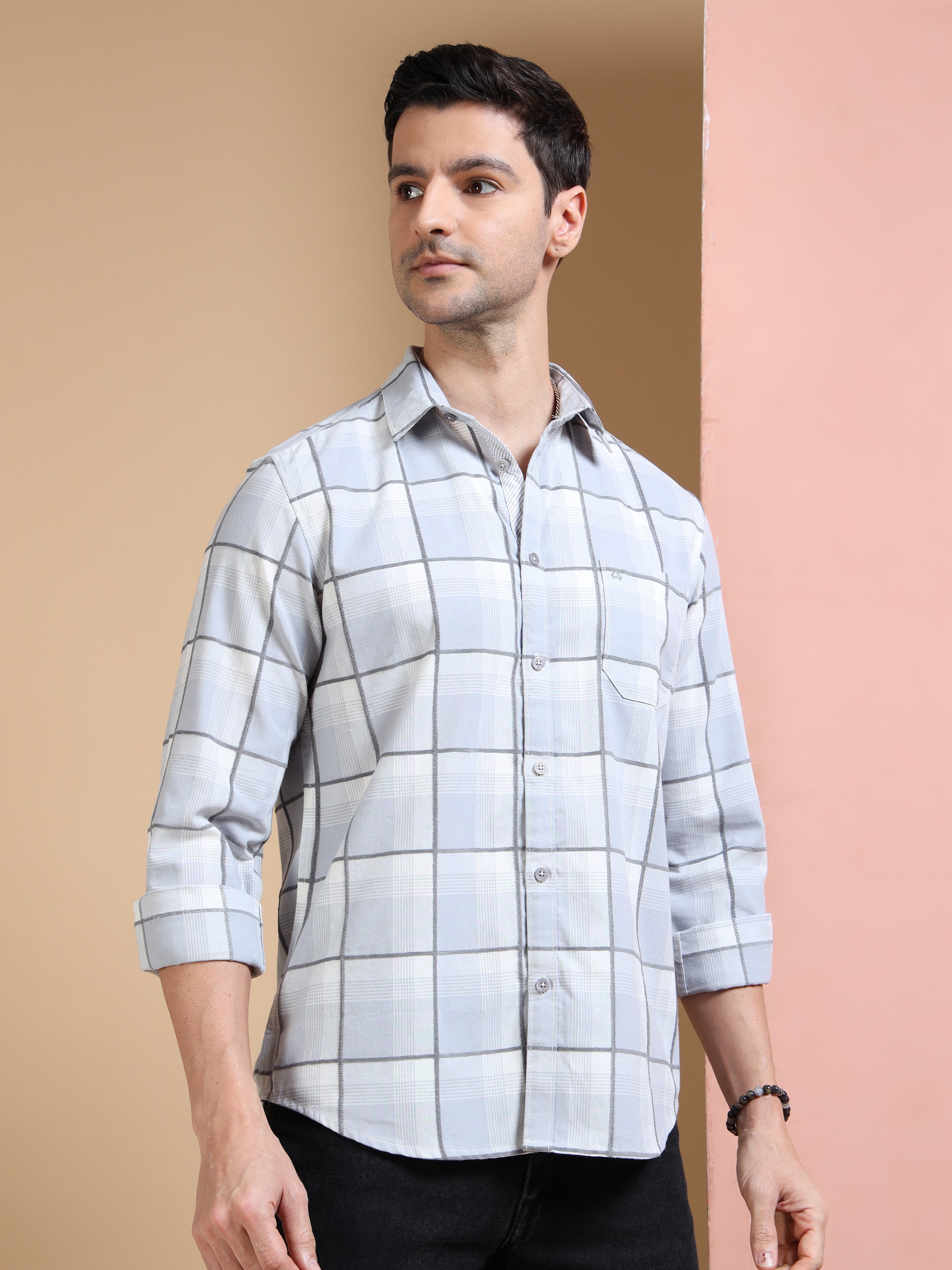 MEN'S GREY CHECKS SLIM FIT SHIRT