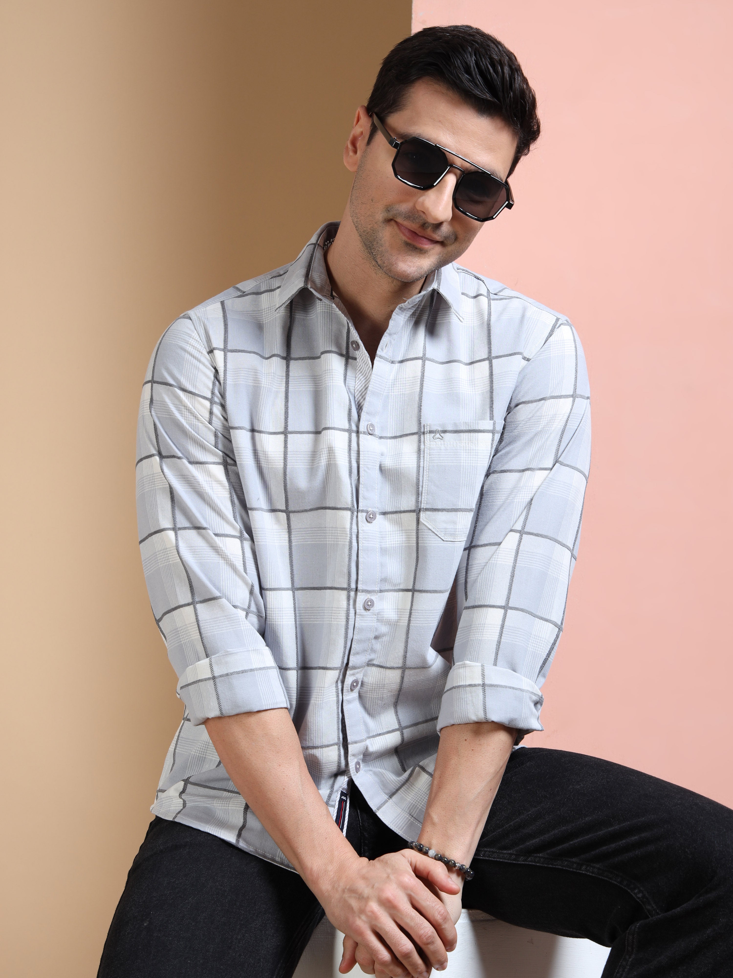 MEN'S GREY CHECKS SLIM FIT SHIRT