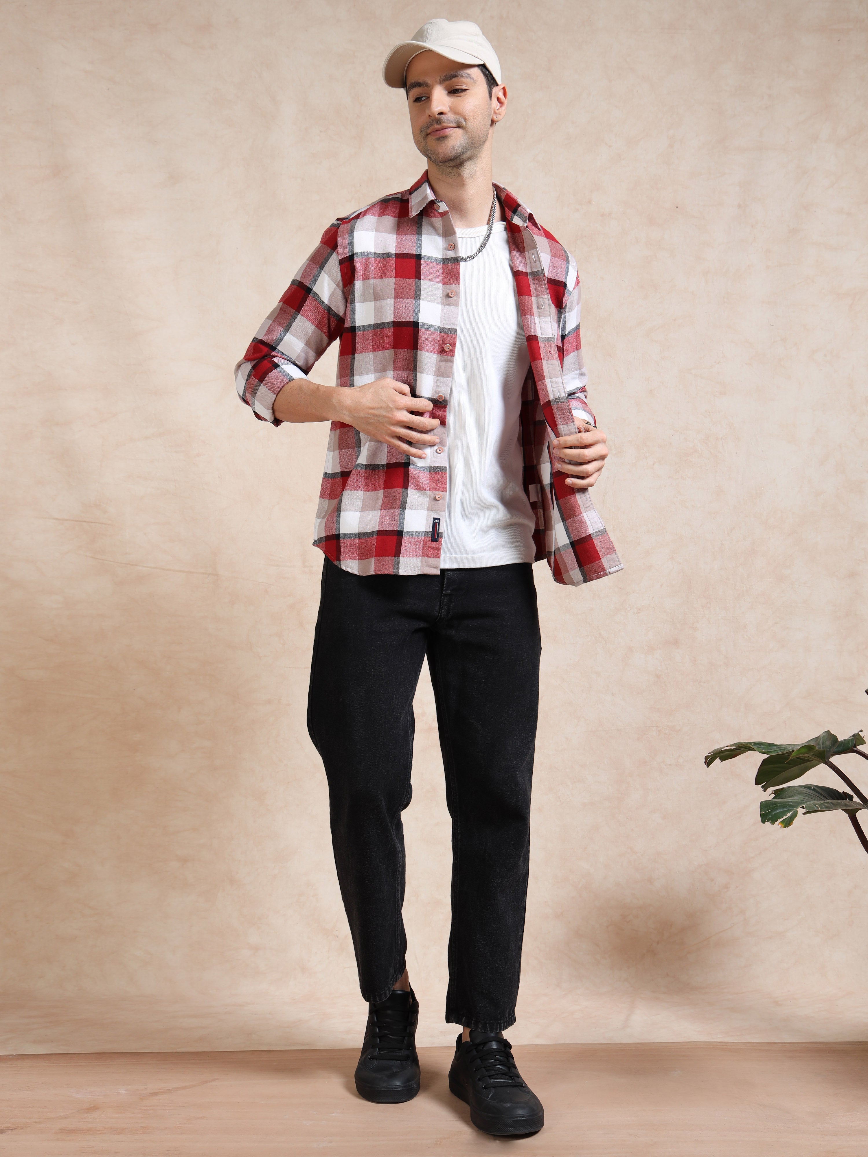 MEN'S RED CHECKS SLIM FIT SHIRT